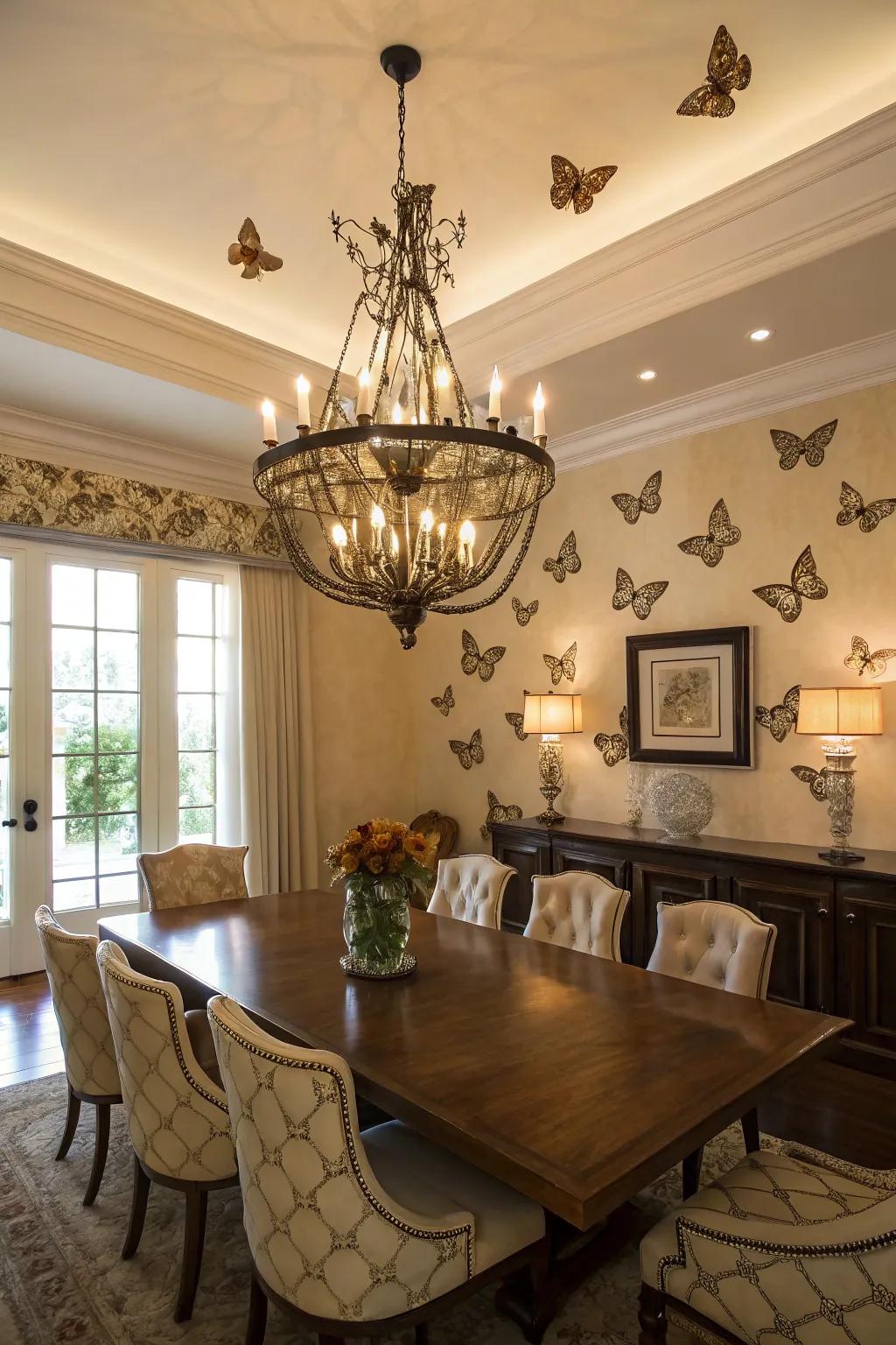 A butterfly chandelier is a stunning focal point.