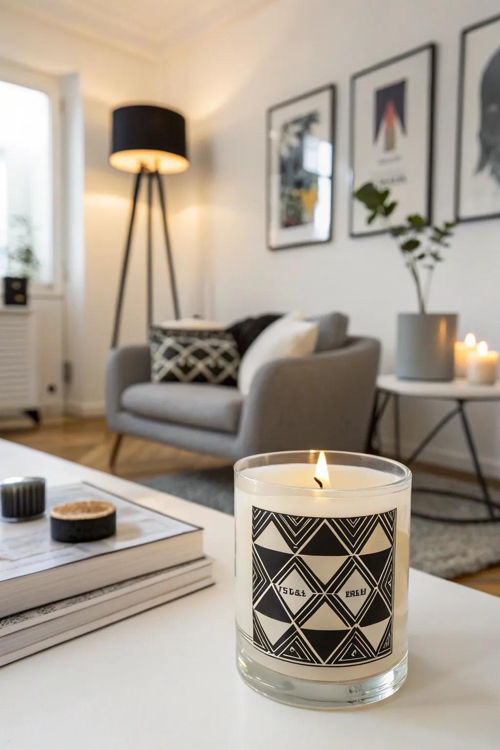 Geometric candle labels for a modern, artistic flair.