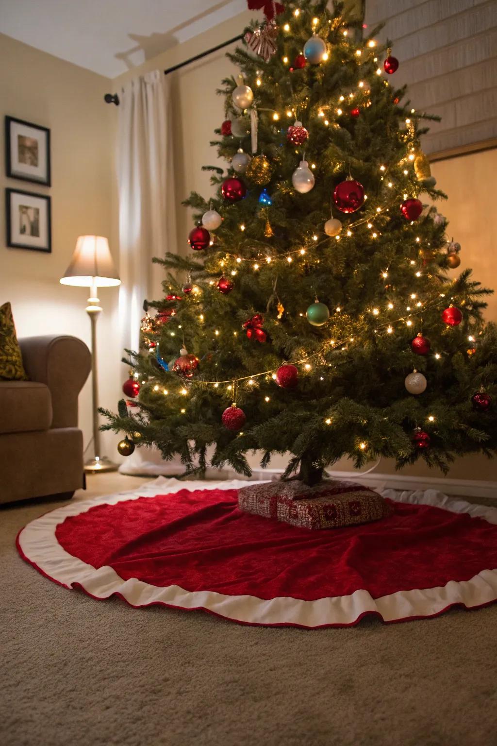 A decorative tree skirt or cuff completes the candy cane look.