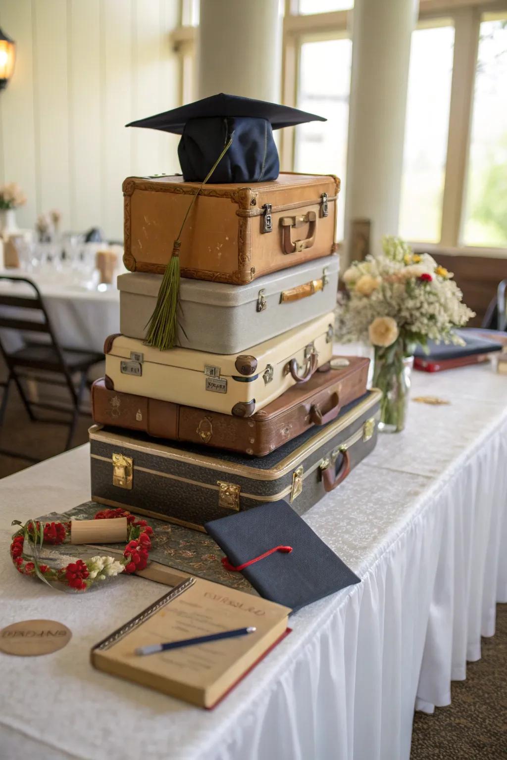 Vintage suitcases symbolize the graduate's journey ahead.