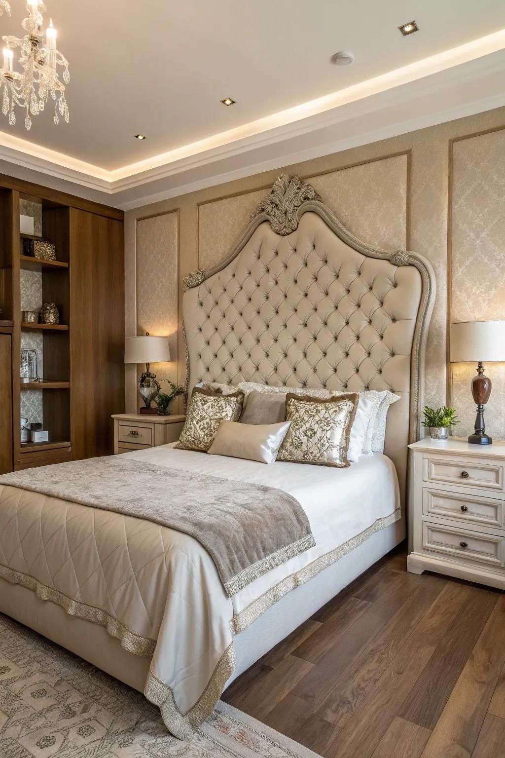 A statement headboard anchors the room with style and elegance.