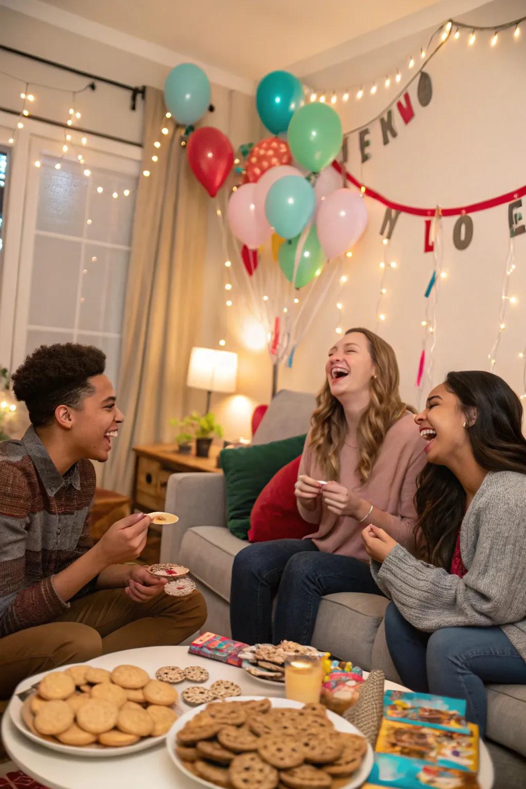 Friends enjoying a lively cookie swap game.