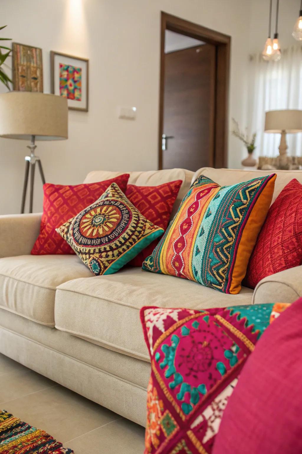 Bold upholstery adds a pop of color and personality to this neutral living room.