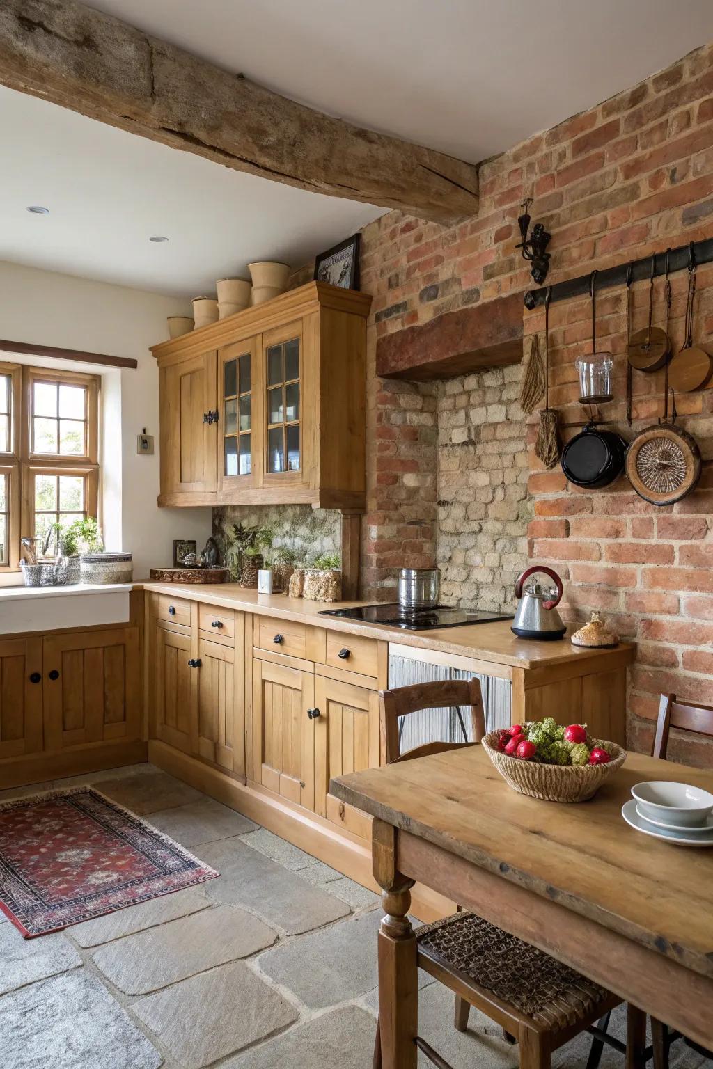 Exposed brick adds a rustic focal point to this kitchen.