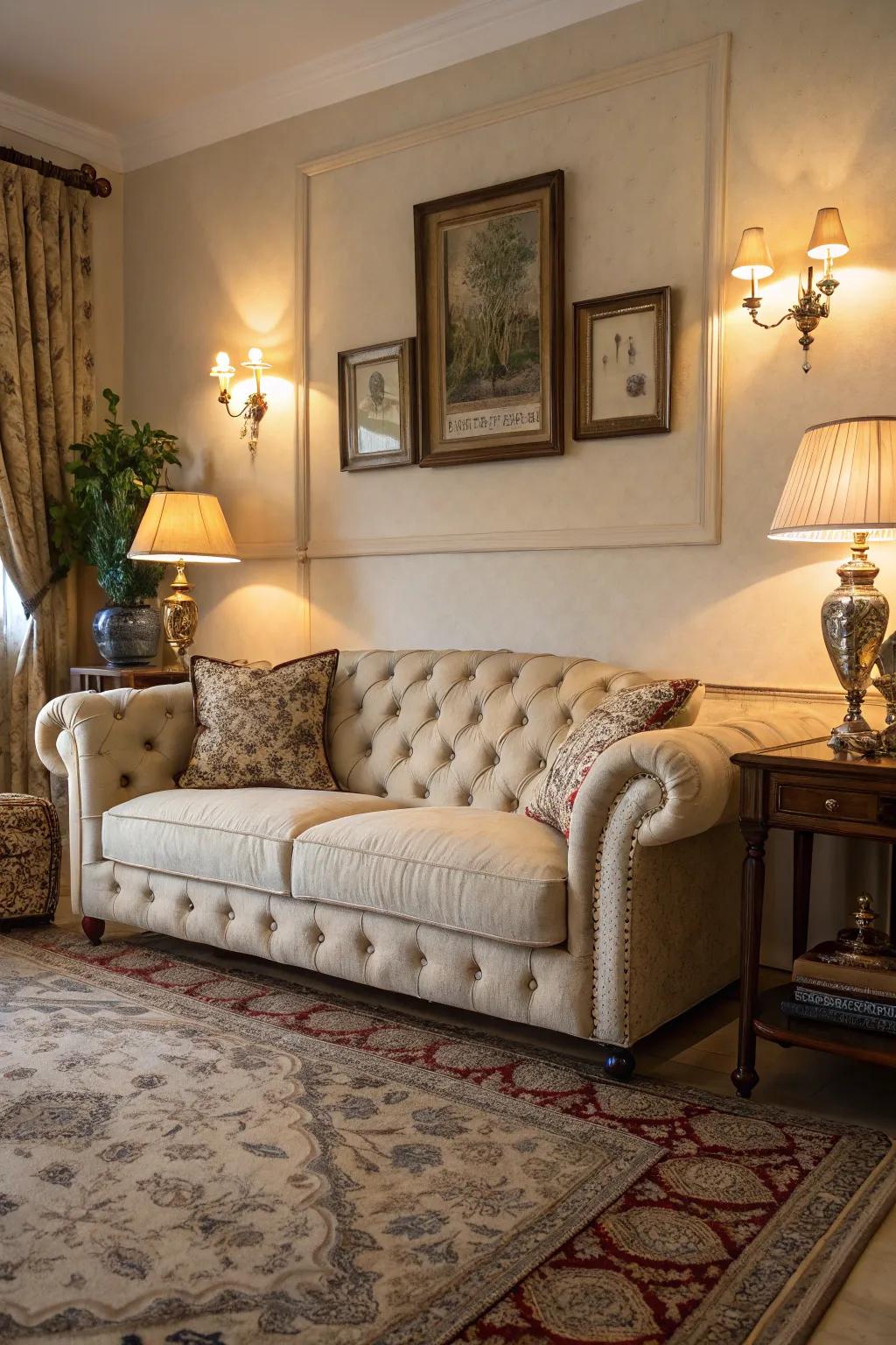 Tufted wraps impart timeless refinement and solace to your sofa.