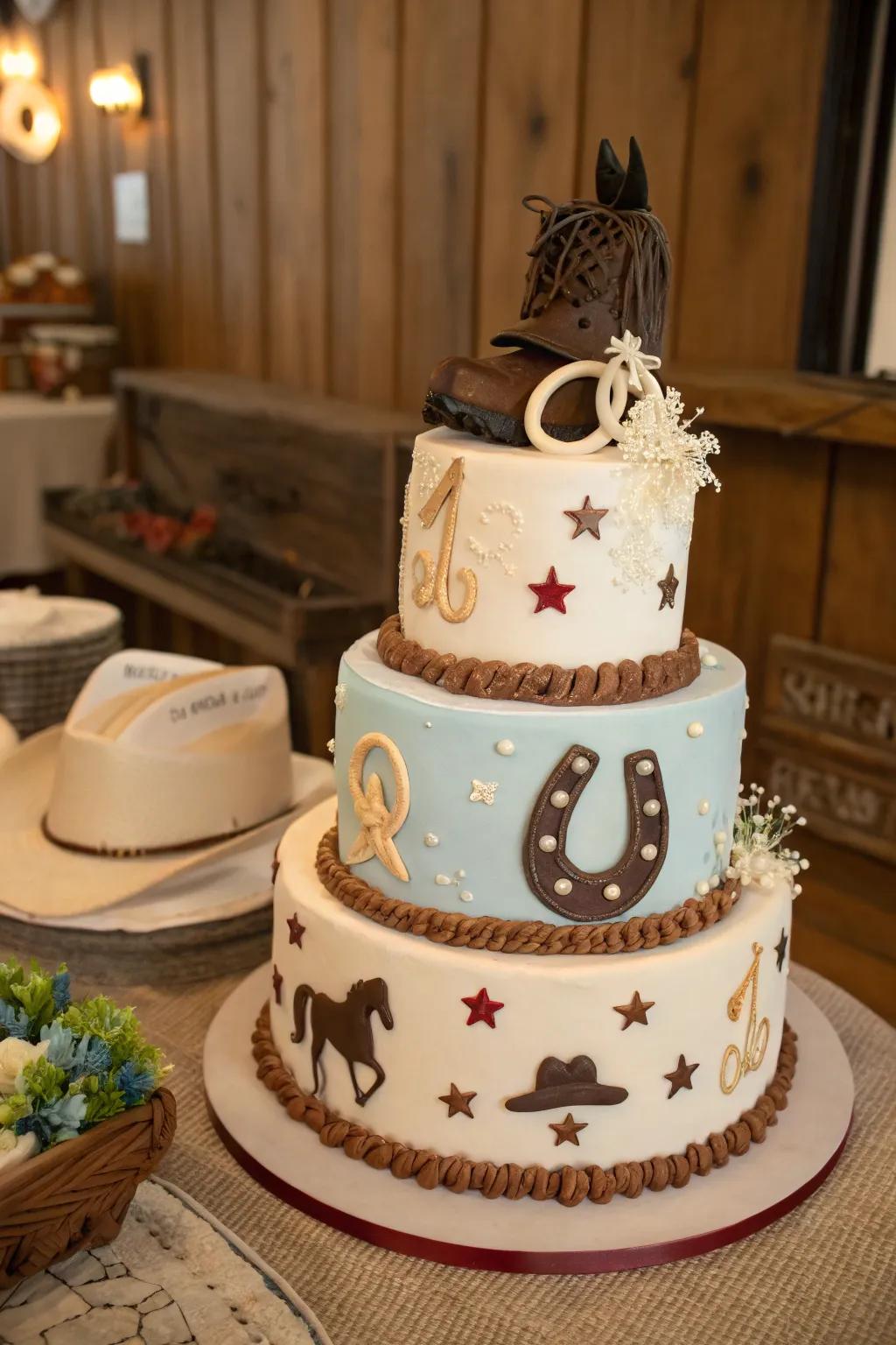 A horseshoe design adds a lucky charm to this cowgirl baby shower cake.