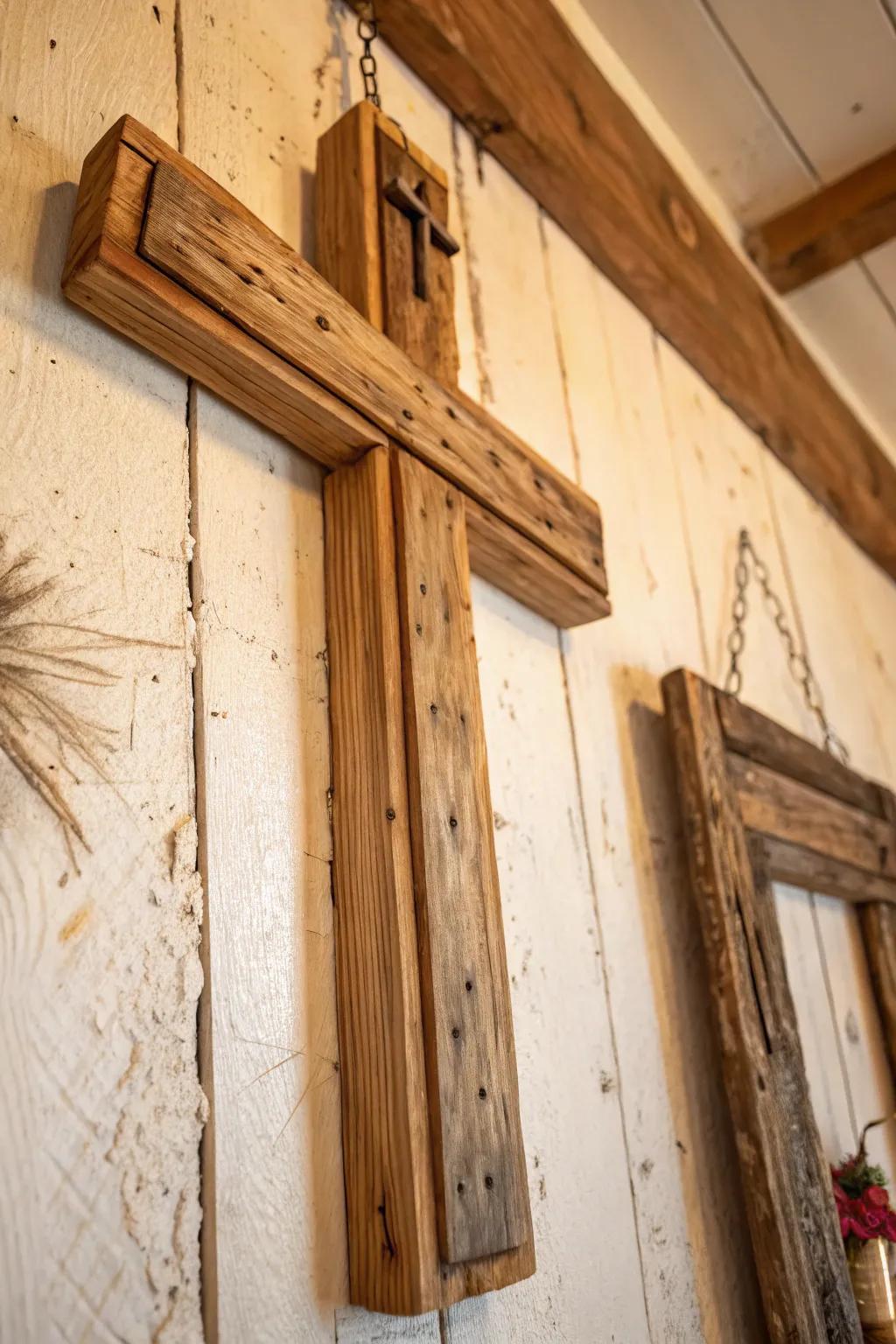 DIY cross wall decor crafted from reclaimed materials.