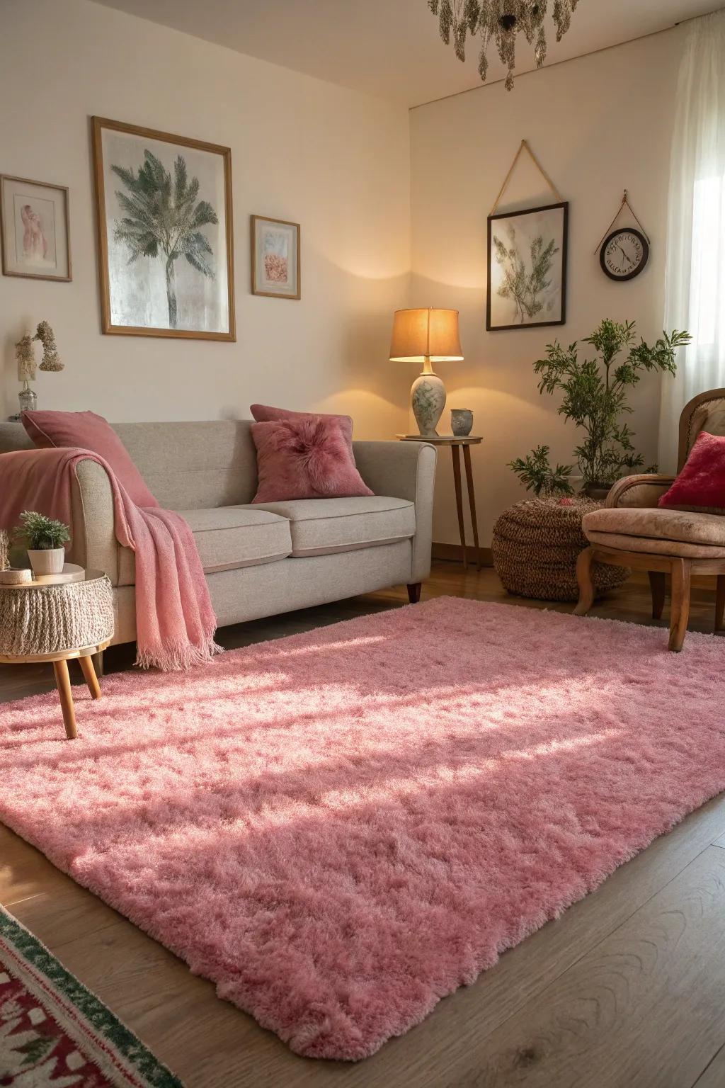 A pink rug anchors the room and adds comfort.