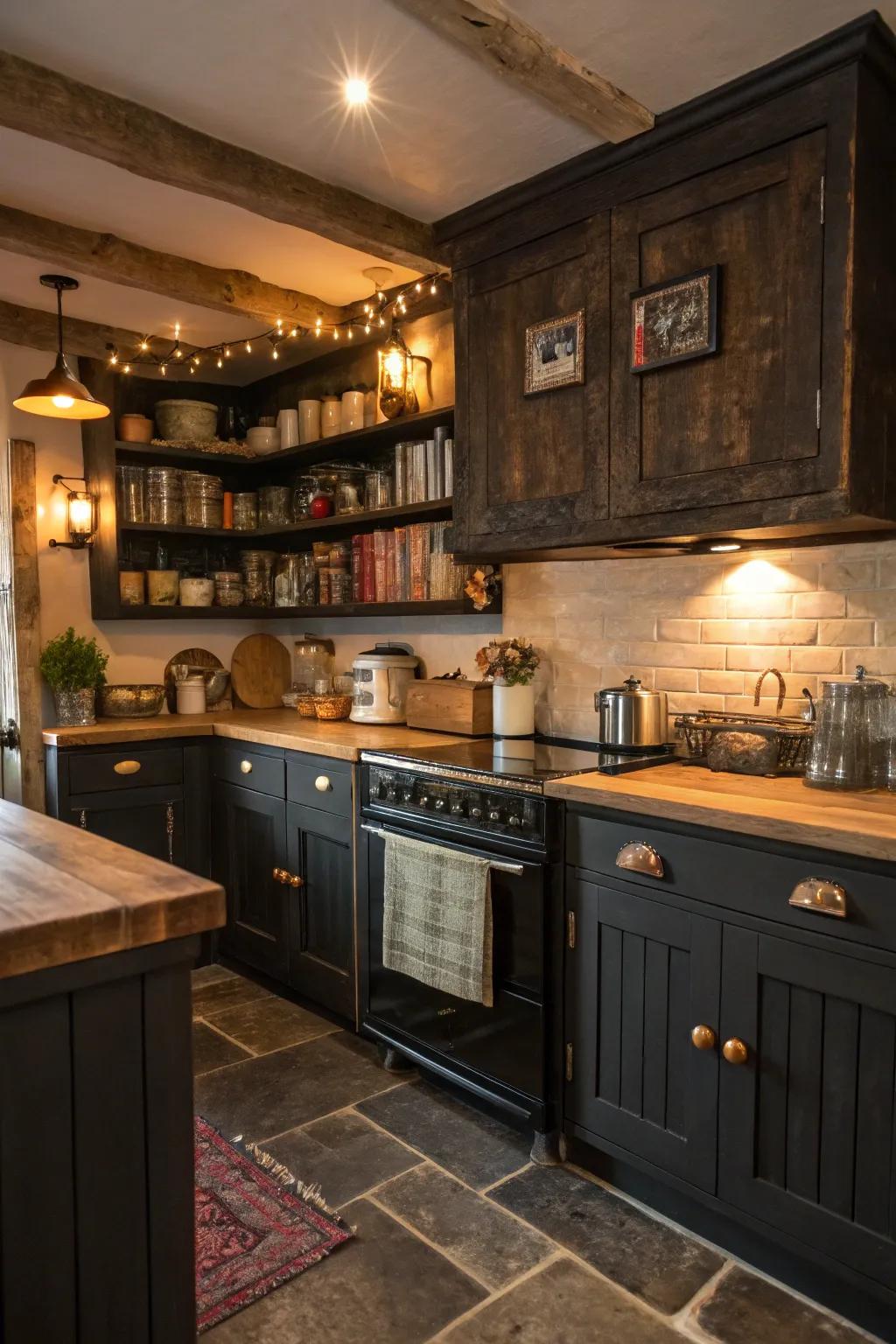 Dark wood cabinets offer rustic charm and warmth.