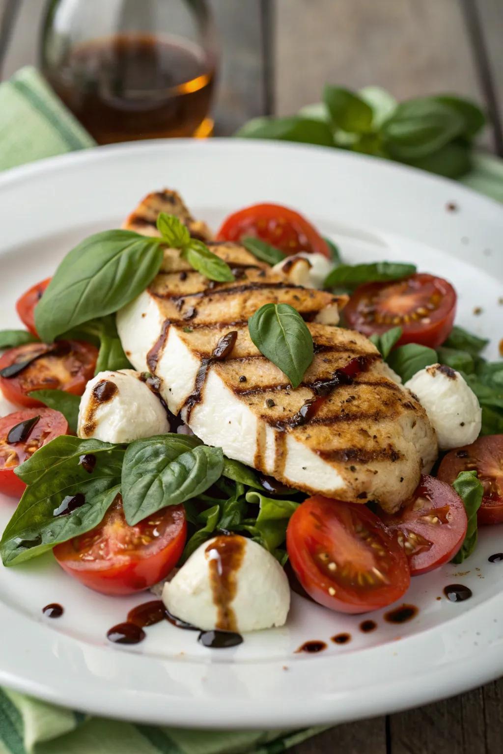 Caprese salad with grilled chicken, a fresh and filling meal.