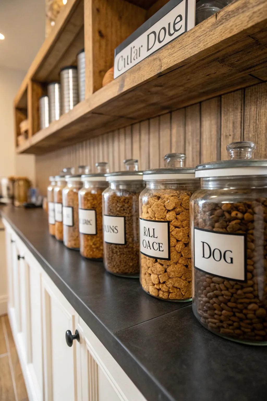 Custom labeled jars add a personal touch and keep dog food fresh and organized.