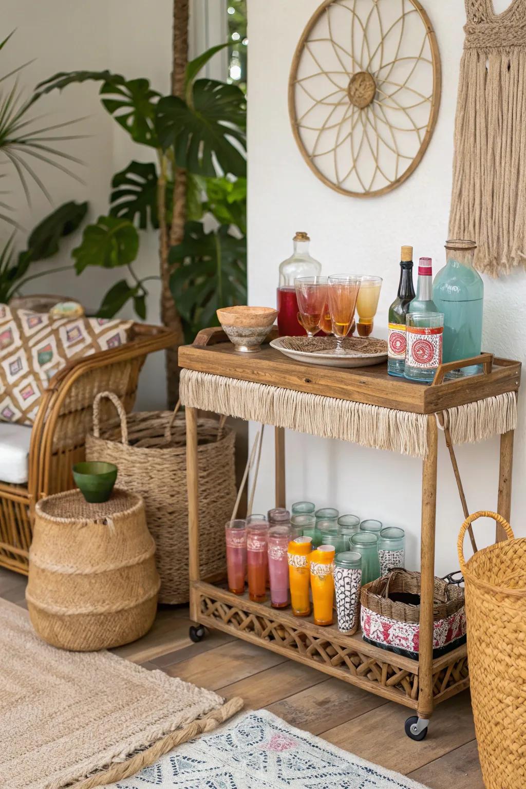 A bohemian beverage nook for casual gatherings.