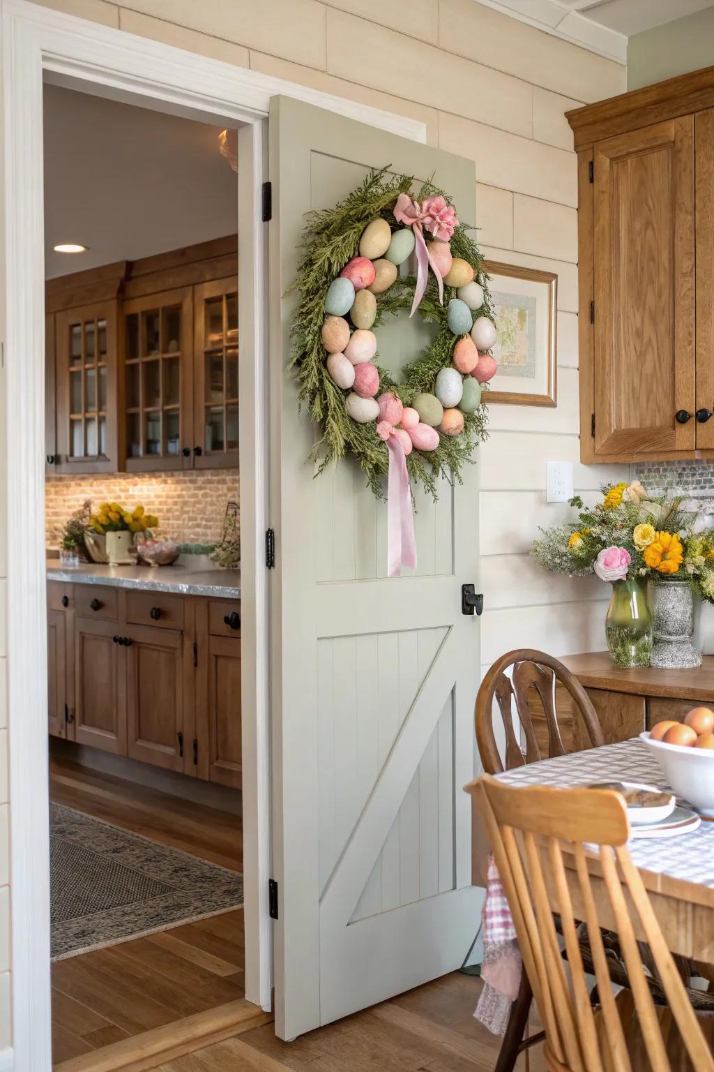 An Easter wreath appends charm and festivity to the food storage threshold.