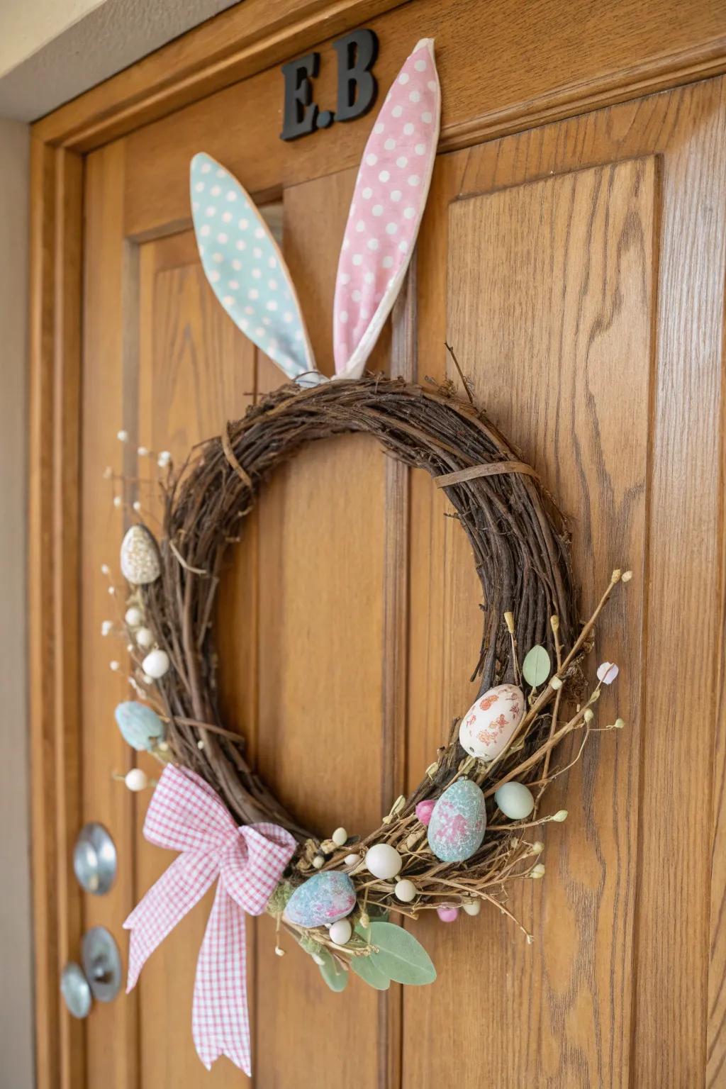 A simple Easter wreath with a grapevine base and bunny ears, adding a sweet touch.