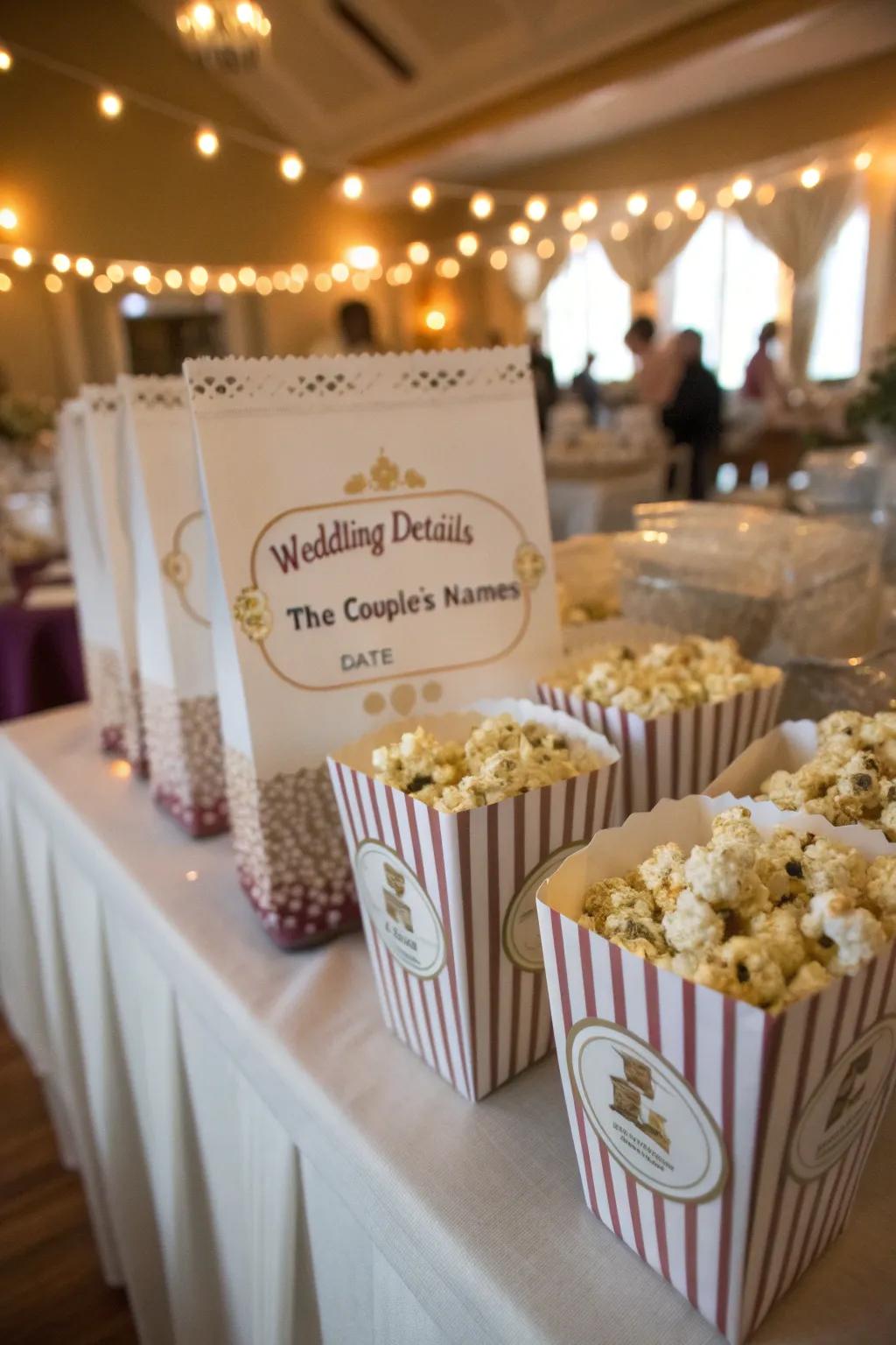 Custom popcorn sacks displaying wedding details, an ideal keepsake for guests.