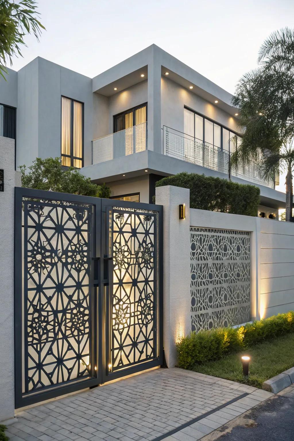 Geometric designs add a modern artistic touch to gates.