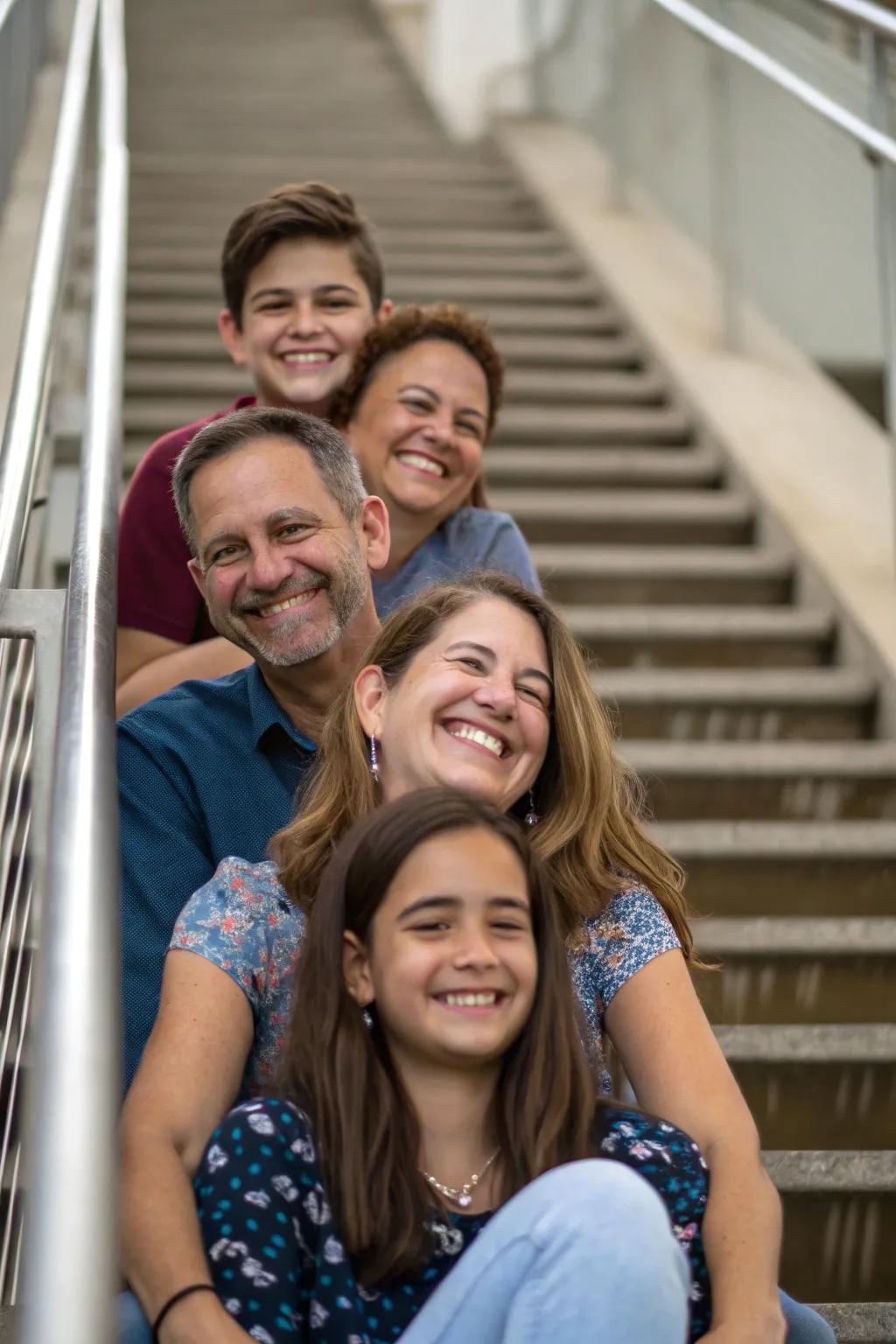 A stairway furnishes a creative backdrop for tiered family portraiture.