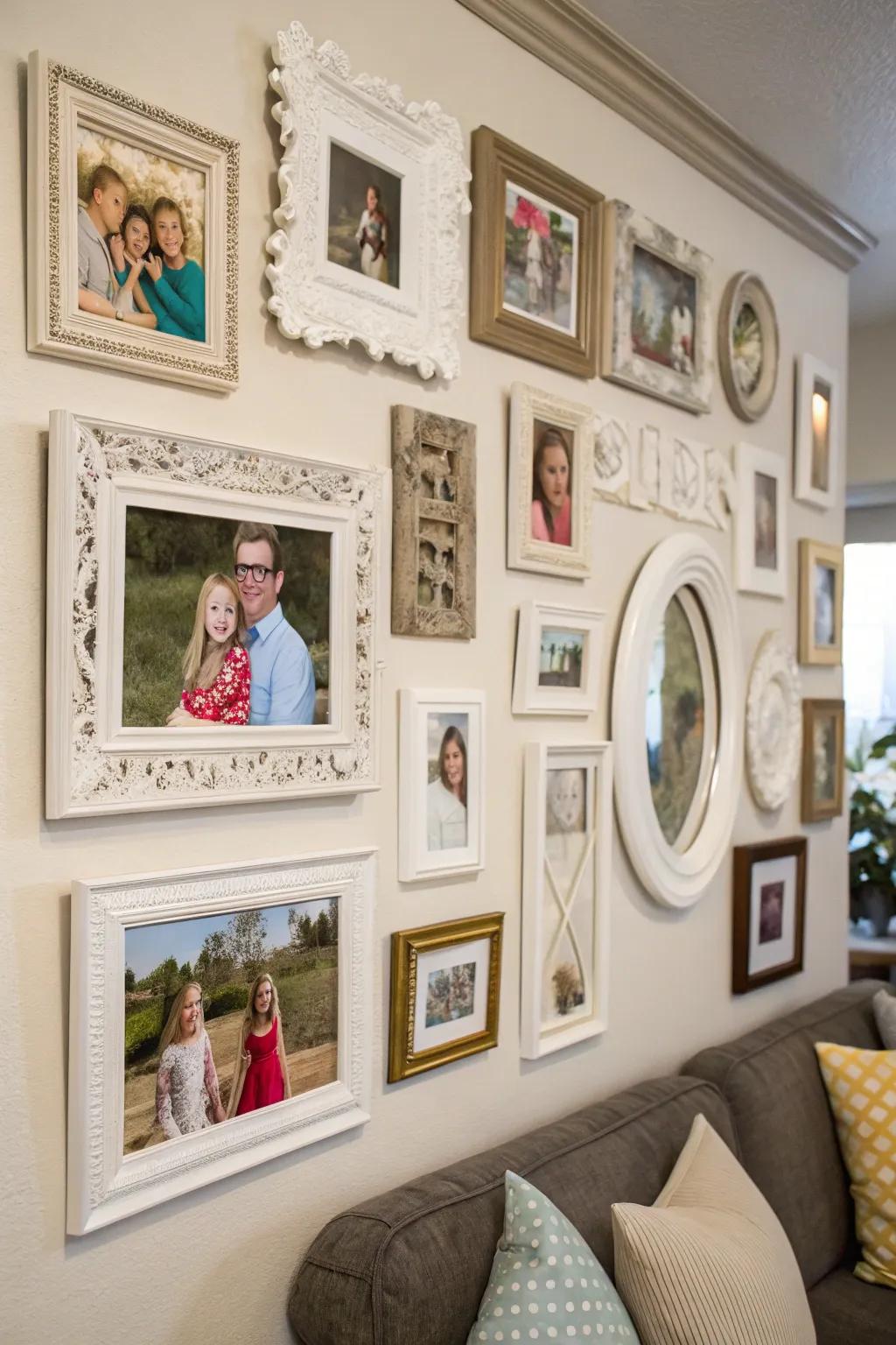 An artful arrangement brings creativity and visual interest to a photo wall.