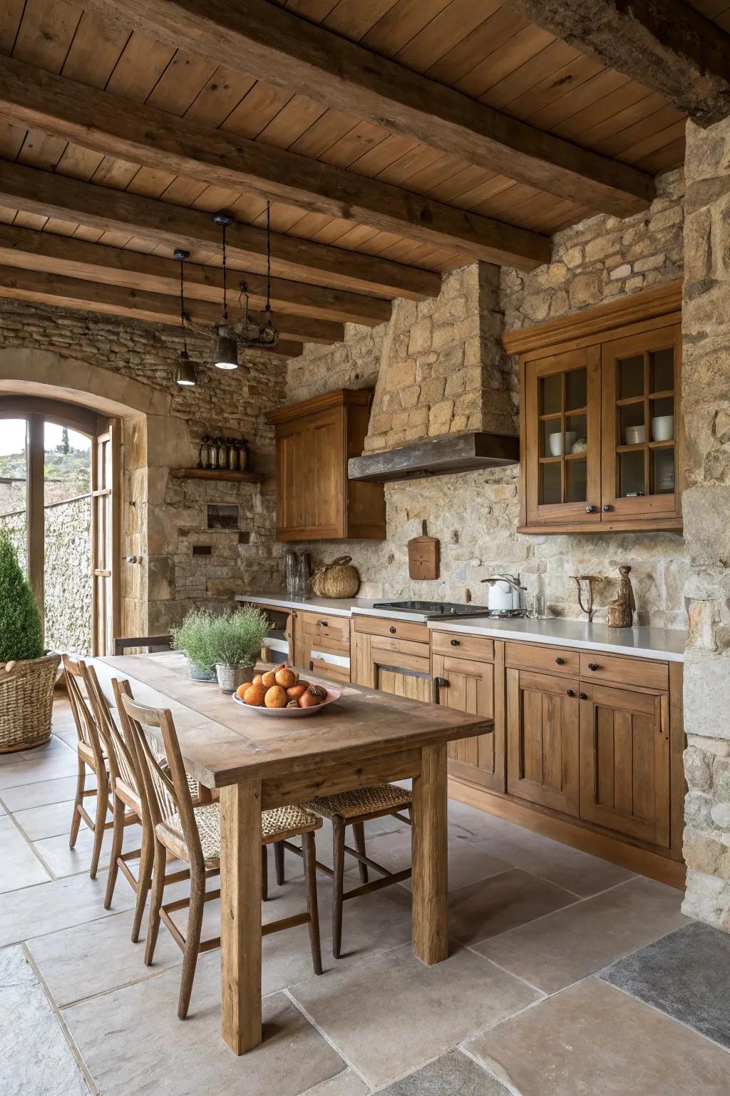 Layered textures adding depth to a farmhouse kitchen decor.