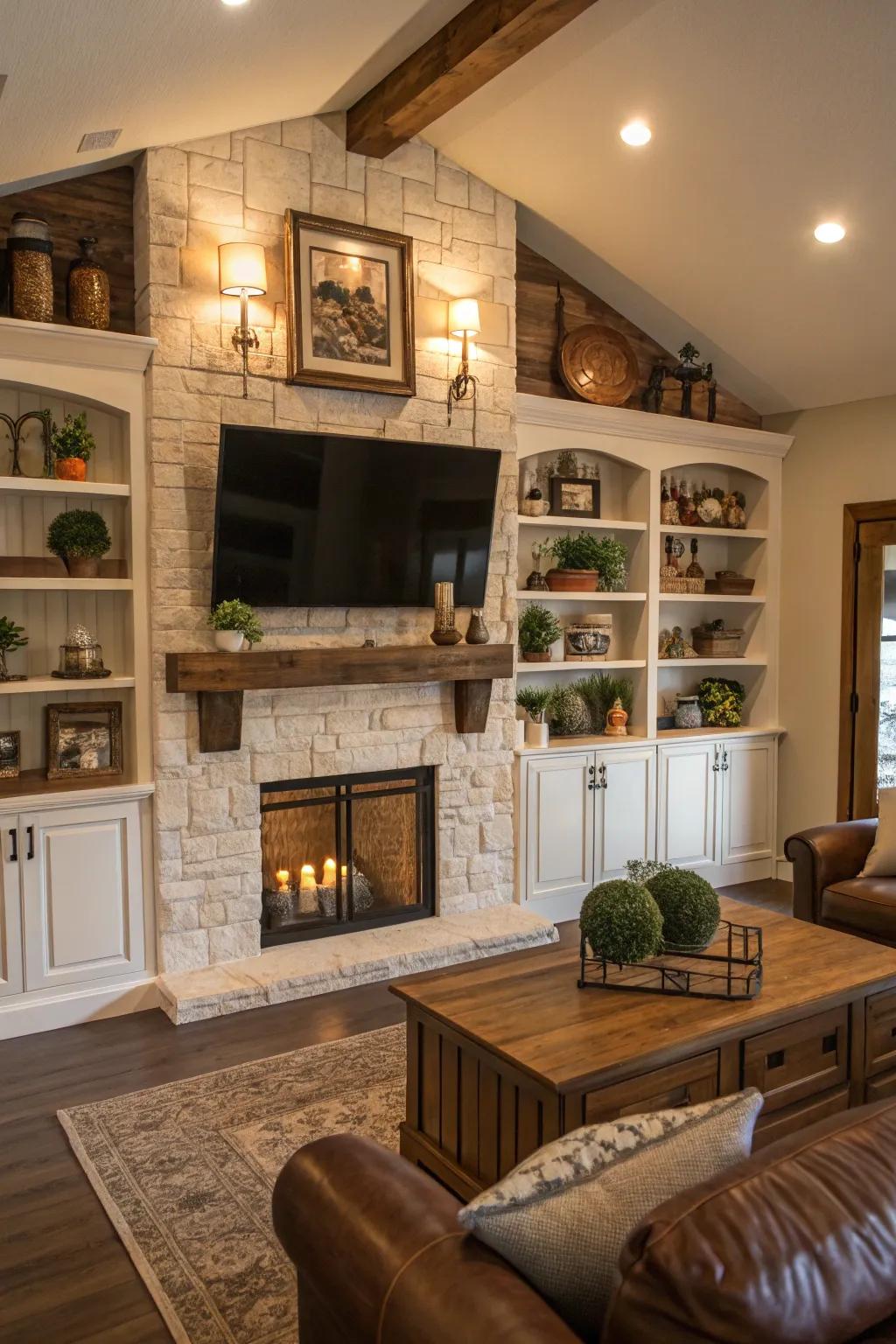 A farmhouse living room with built-in shelves framing the TV above the mantel.