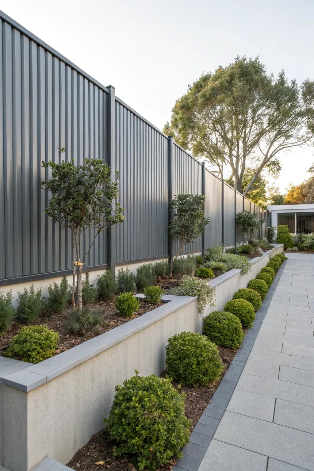 Corrugated metal adds an industrial edge to fencing.