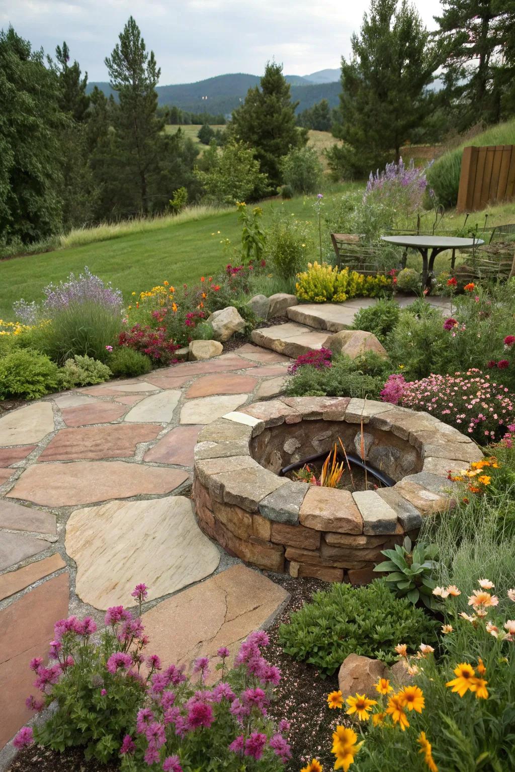 Flagstone capstones create a colorful patchwork.