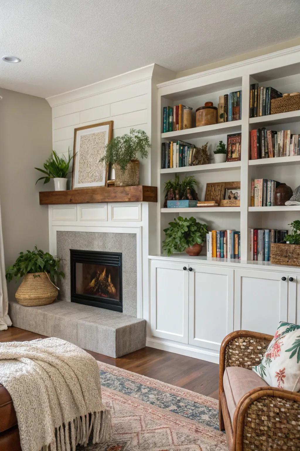 A living room showcasing custom built-in shelves surrounding the fireside alcove.
