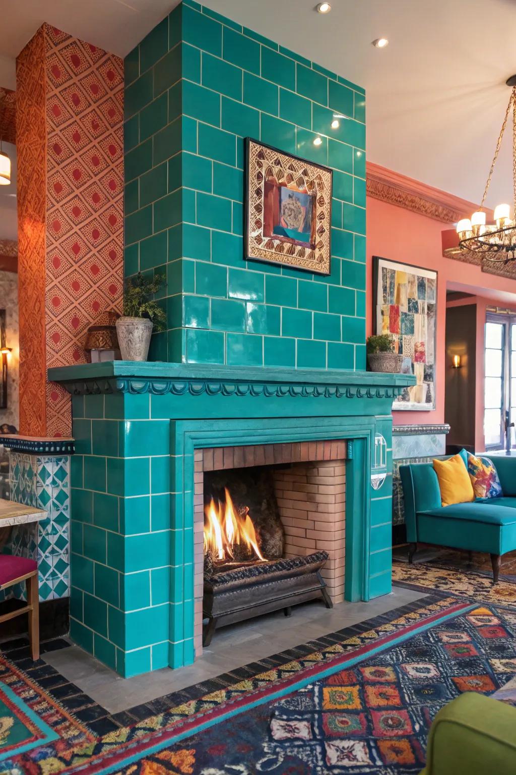 Bold teal tiles make a vibrant statement on this fireplace.