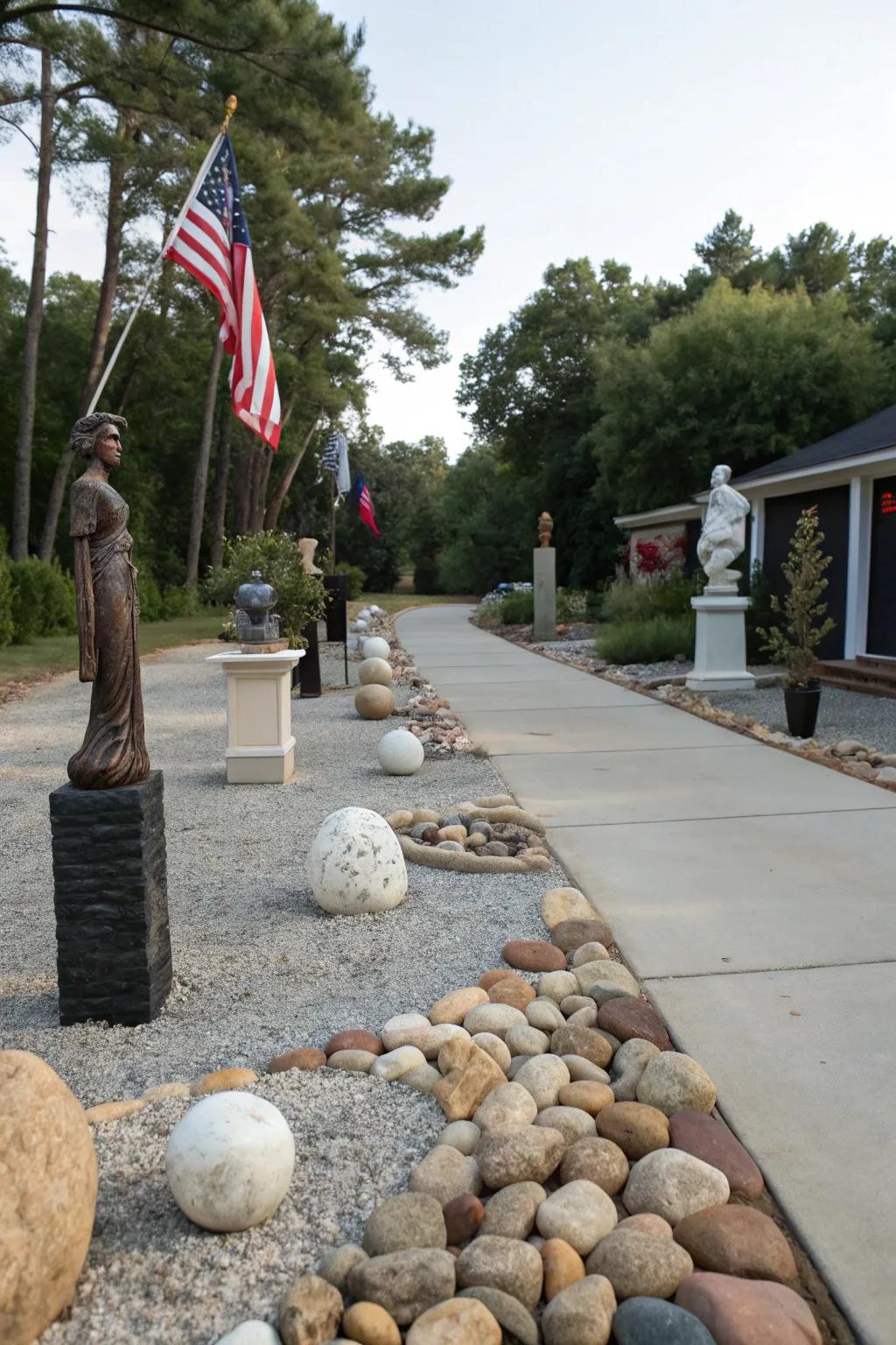 An artistic touch to a rear lot access using sculptures and decorative stones.