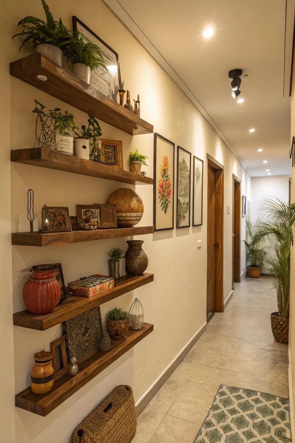 Create a dynamic hallway design by layering your shelves.