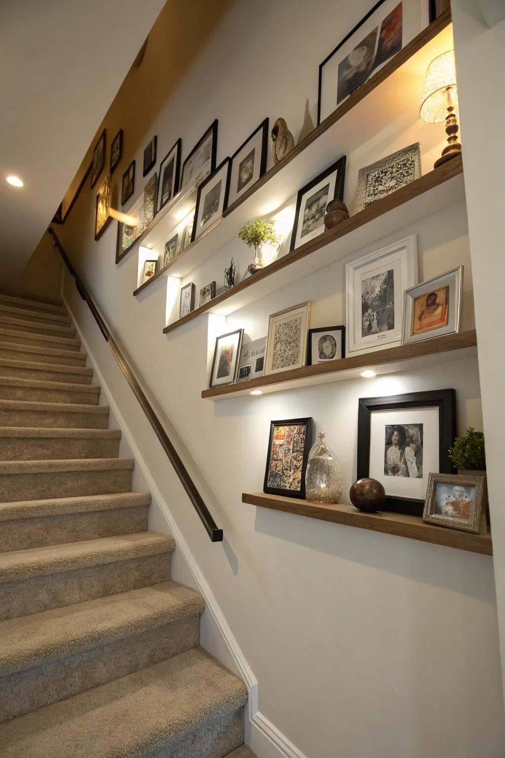 Floating shelves adding personality to a staircase wall.