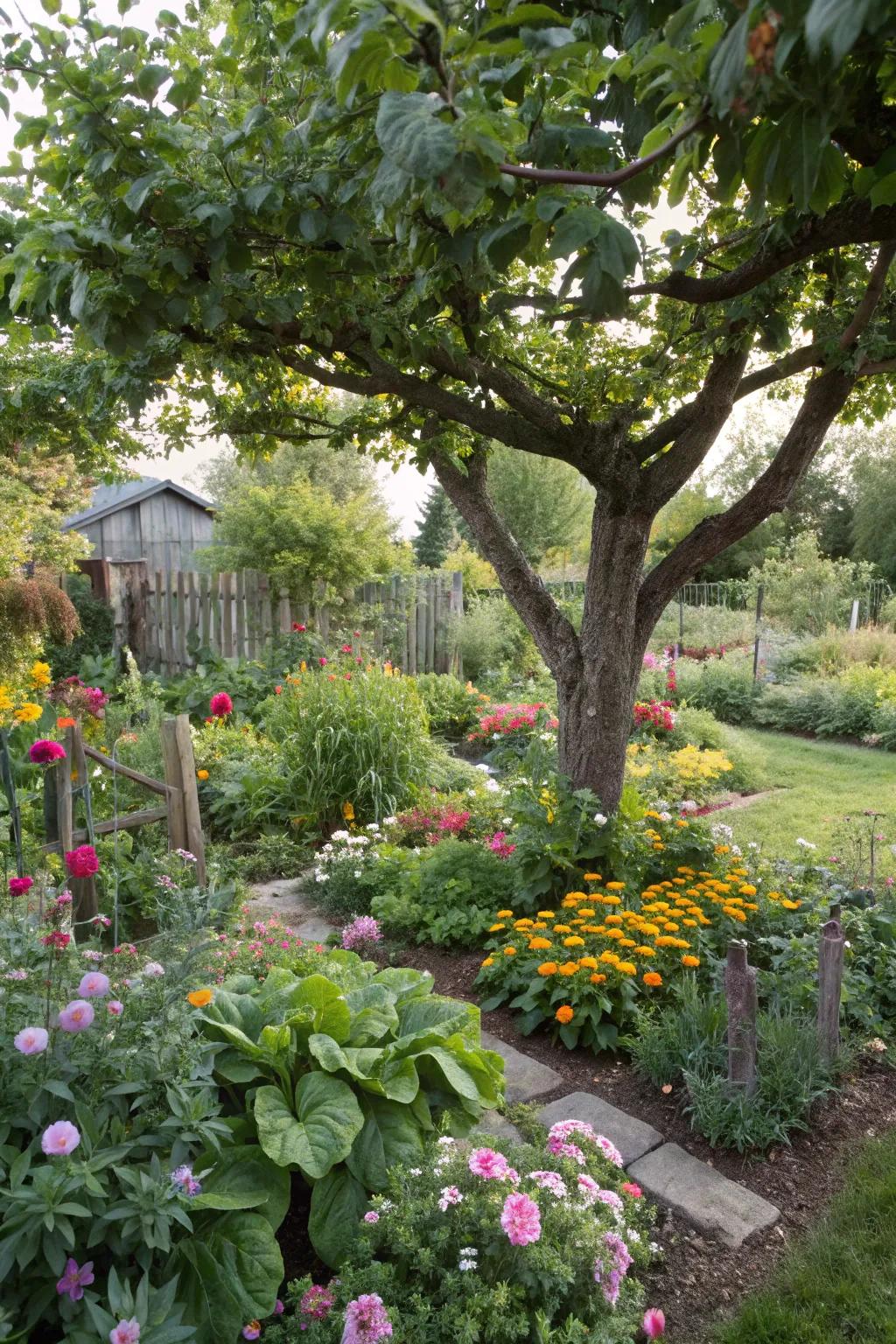 A pleasant integration of flowers and edibles envelops this tree, presenting elegance and utility.