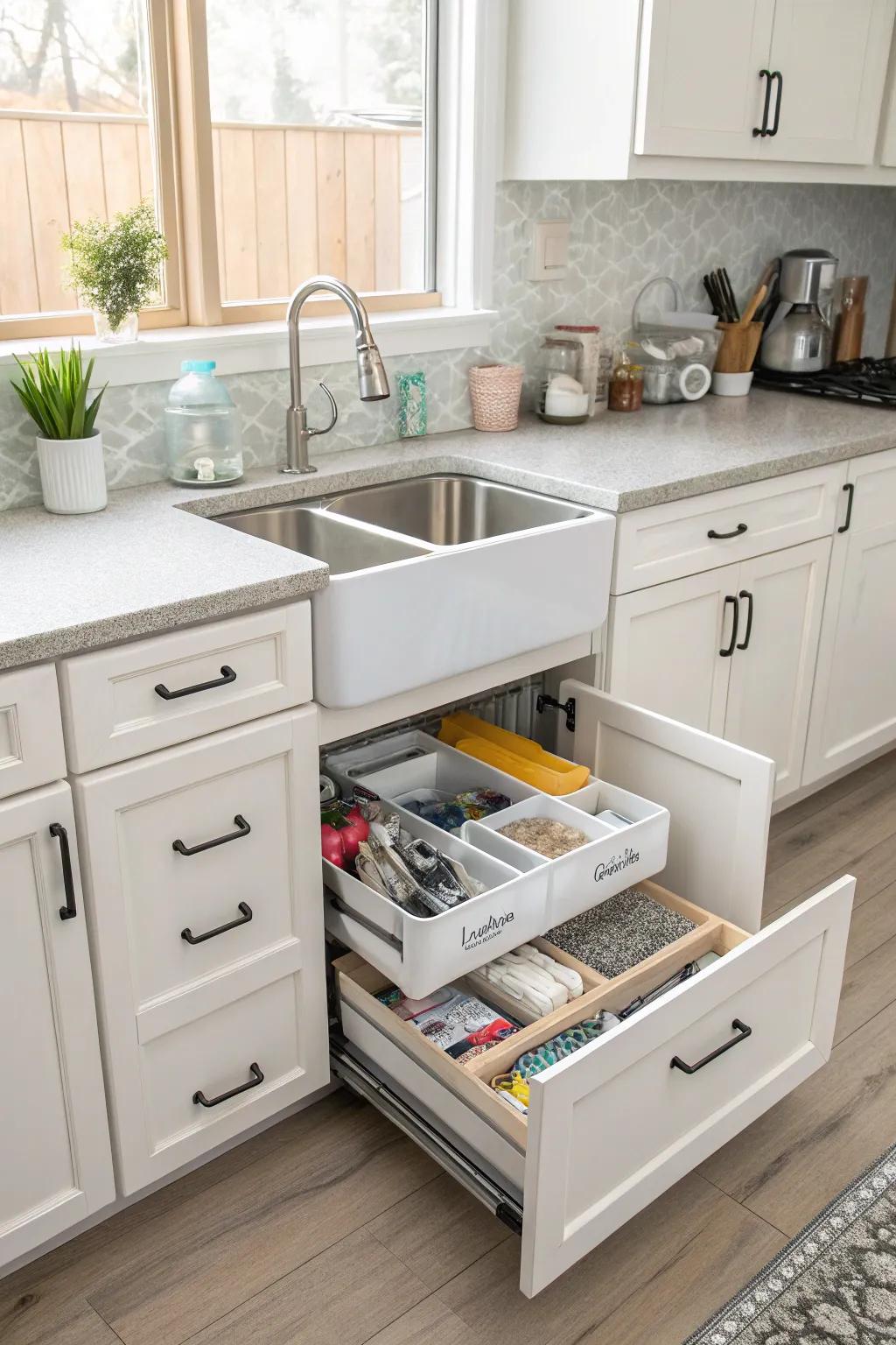 An organized kitchen with a free standing sink and clever storage options.