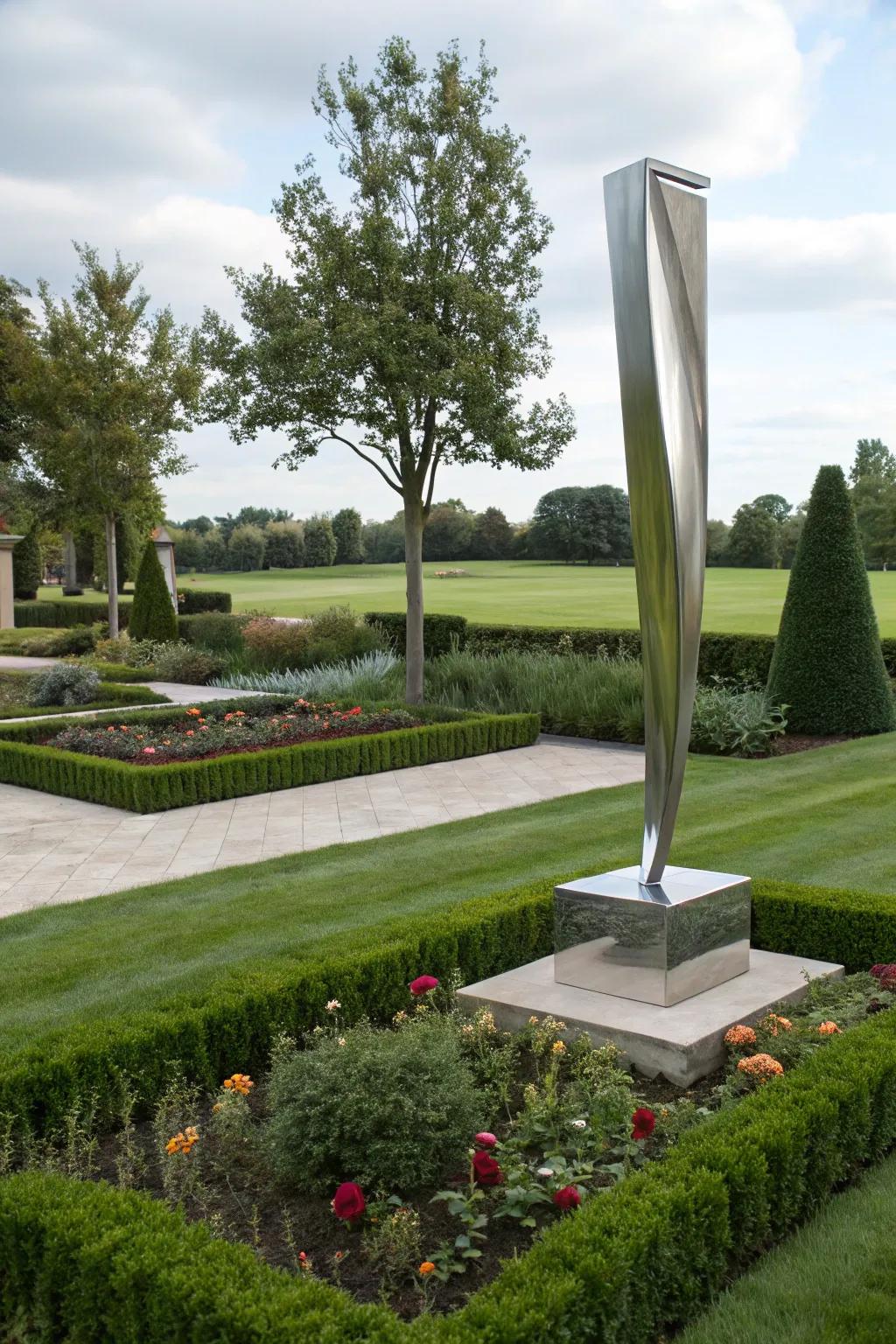 A modern sculpture adding artistic flair to a garden corner.