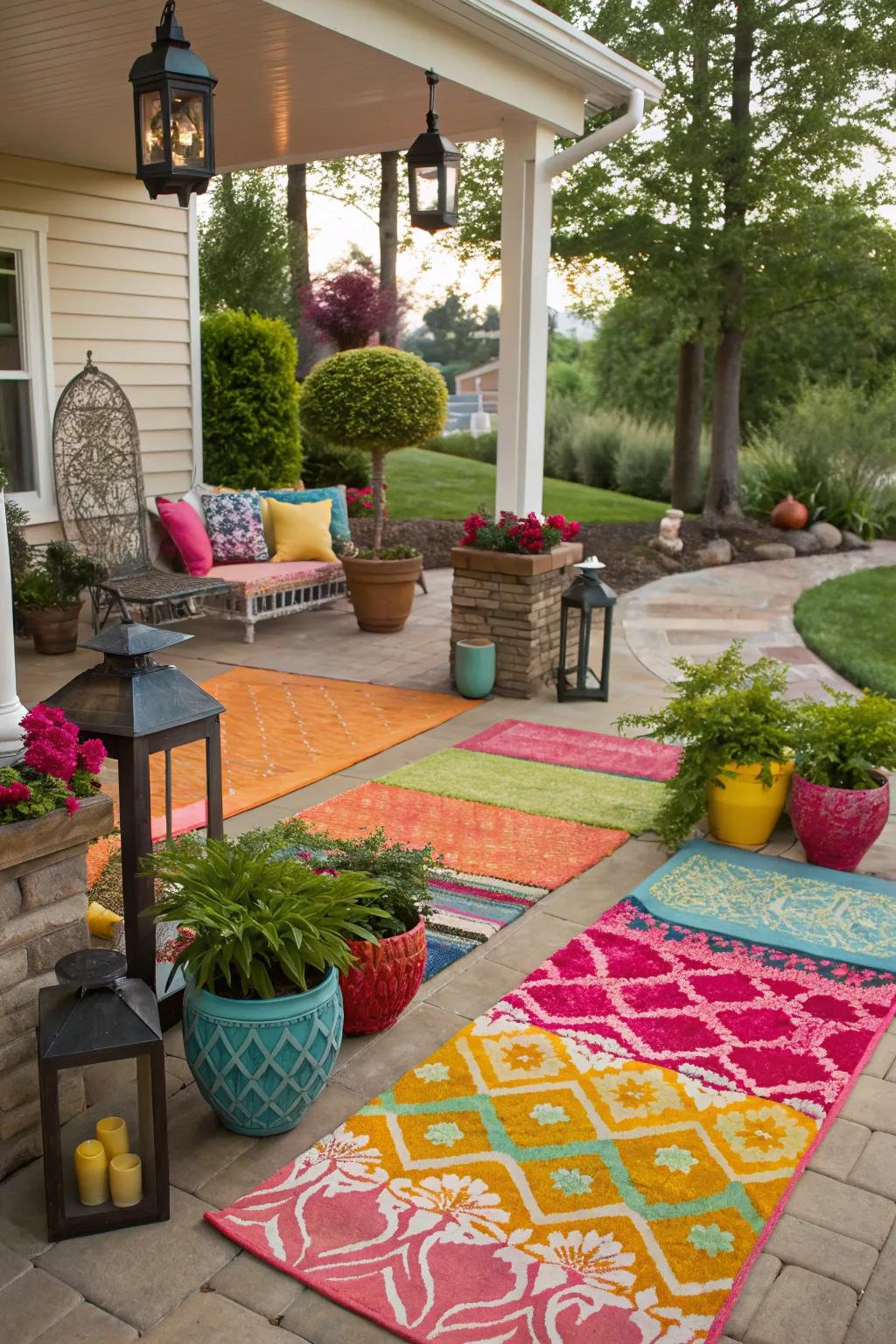 Define spaces with colorful rugs on your patio.