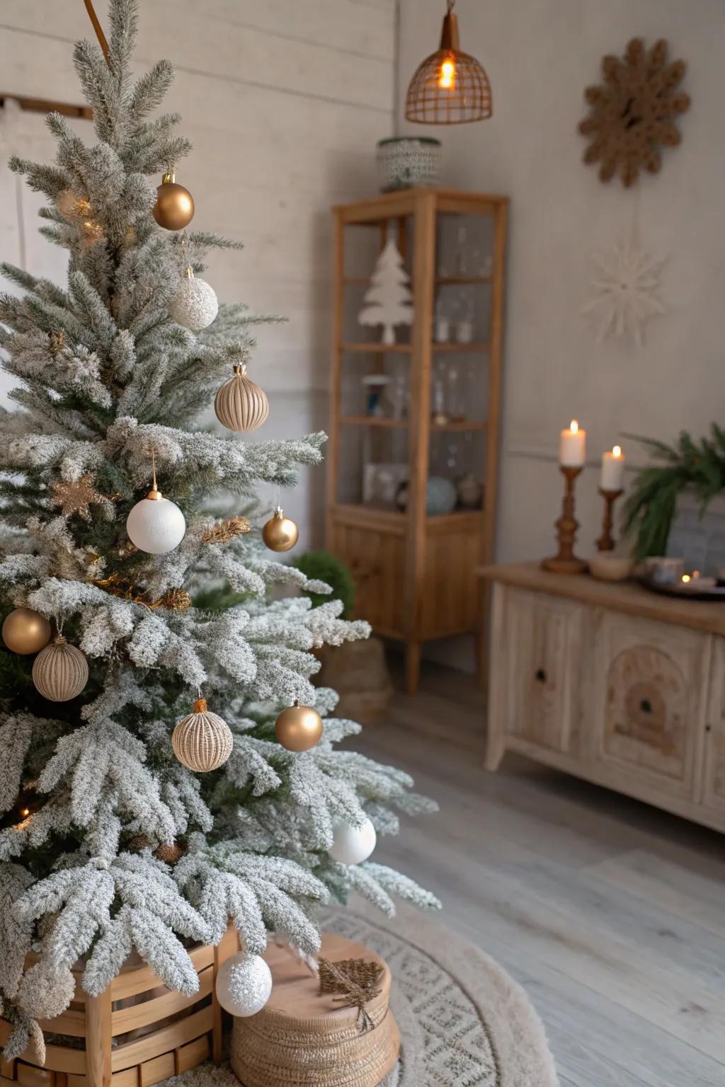 Nordic simplicity shines with wooden and white decorations.