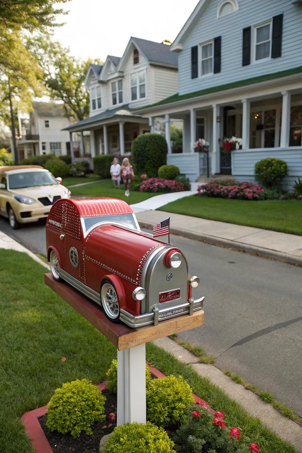 A timeless automobile mailbox that revs up the allure of any dwelling.