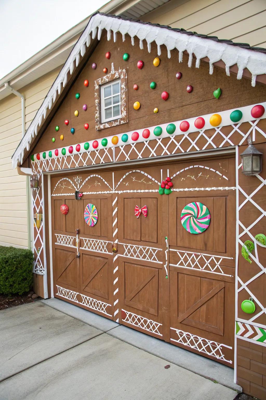 Garage door transformed into a giant gingerbread house.