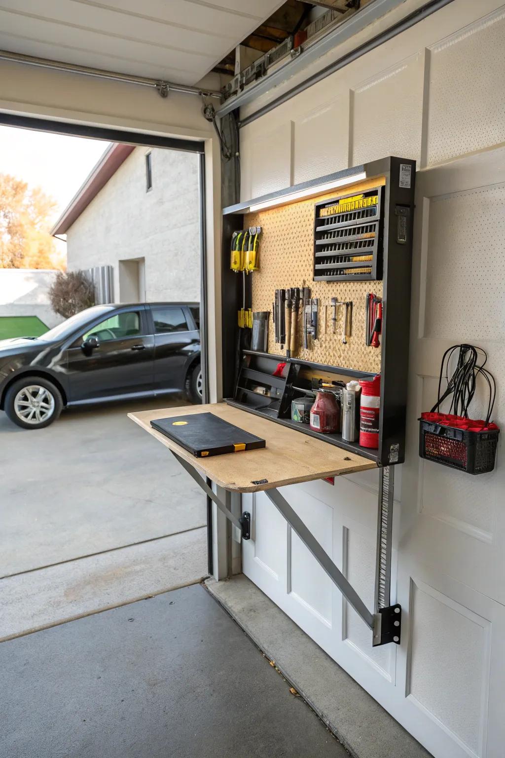 Folding workbenches offer a compact solution for garage workspaces.