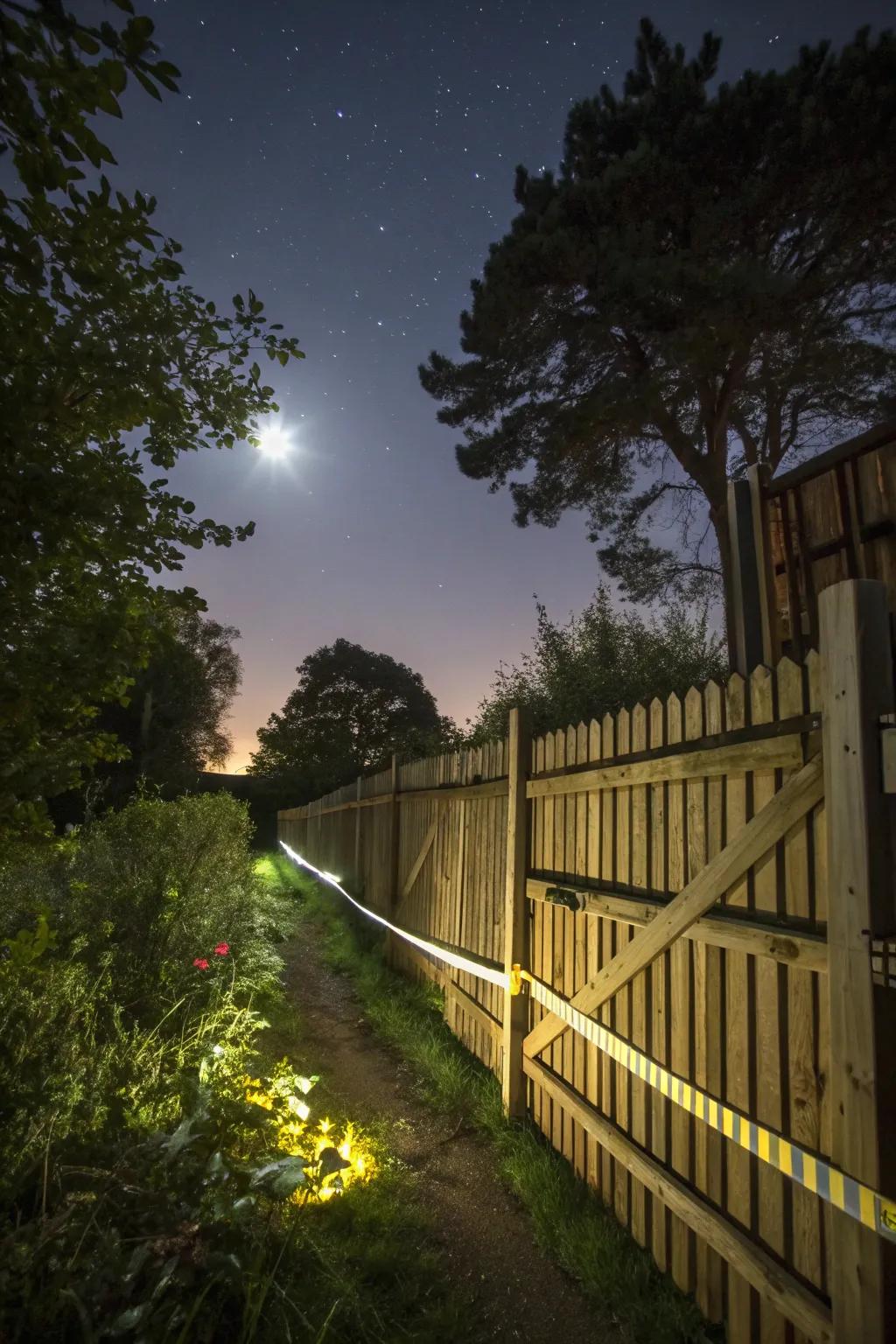 Reflective tape on the fence effectively deters nocturnal garden intruders.