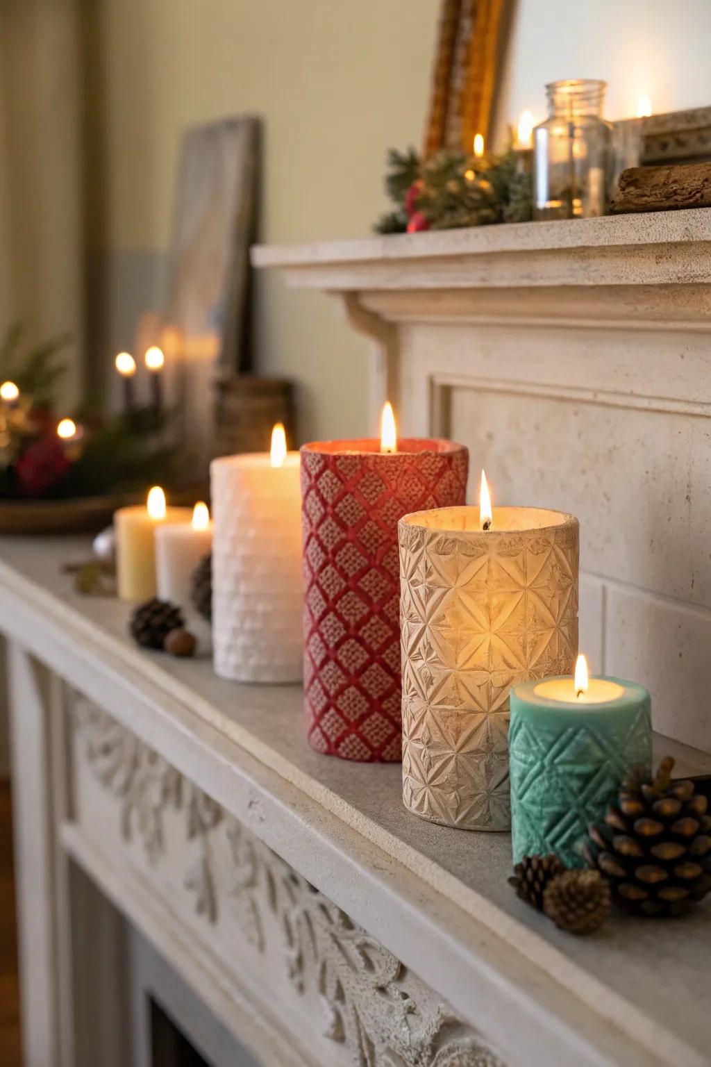 Holiday scented candles casting a warm and inviting glow.