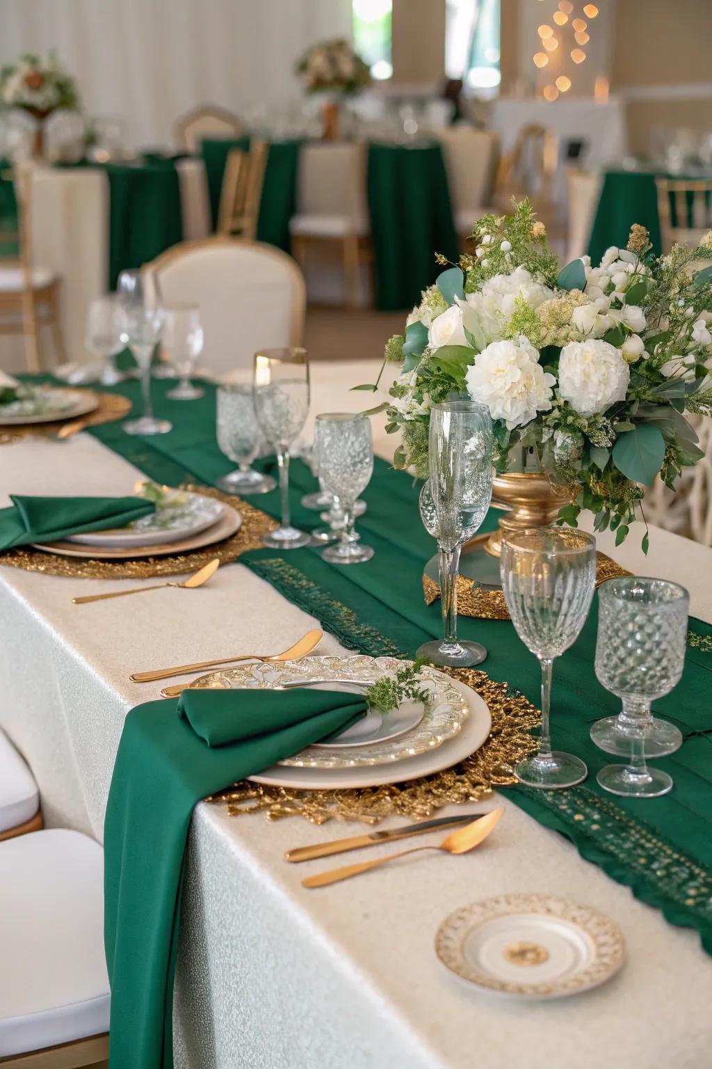 Emerald green accents bringing a luxe touch to the decor.