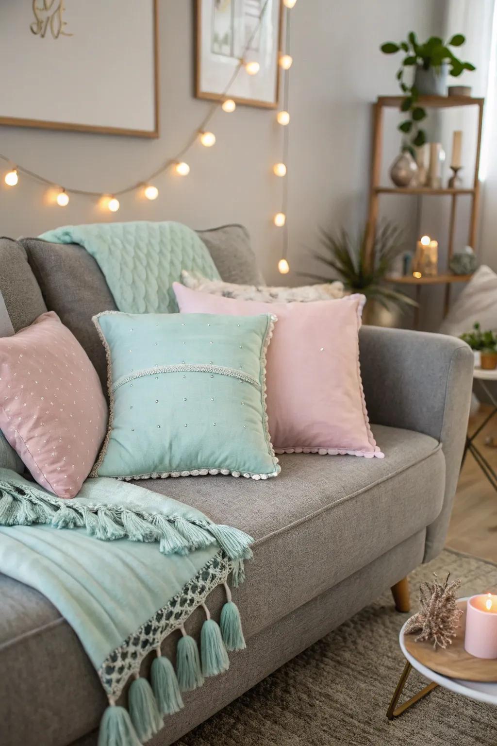 Soft pastels create a calming atmosphere with a grey couch.