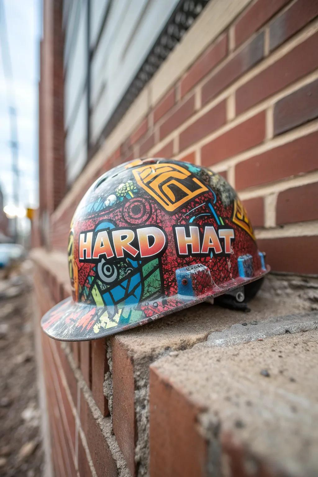 A safety helmet transformed with eye-catching street art.