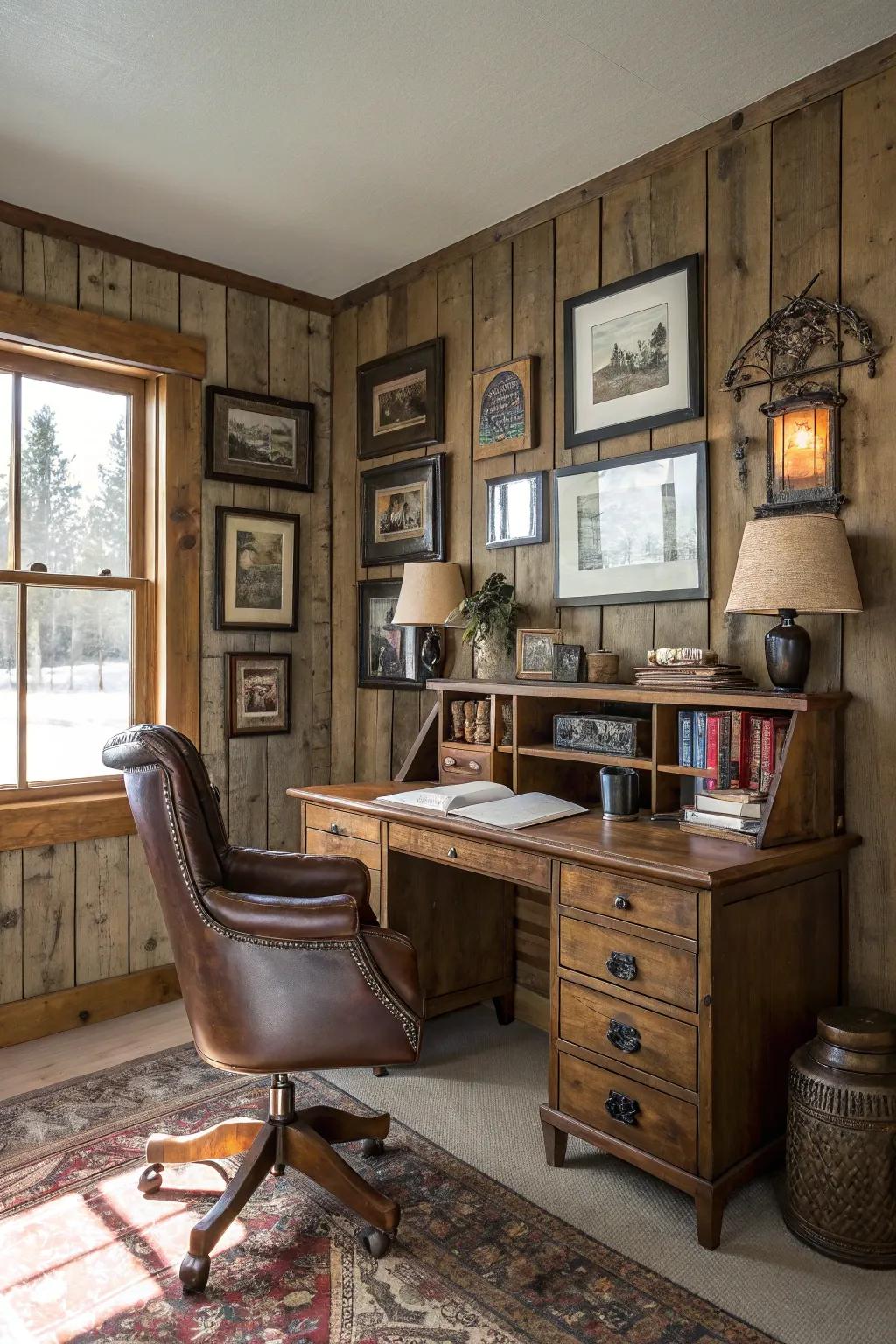 Vintage elements bring warmth and charm to this home office.