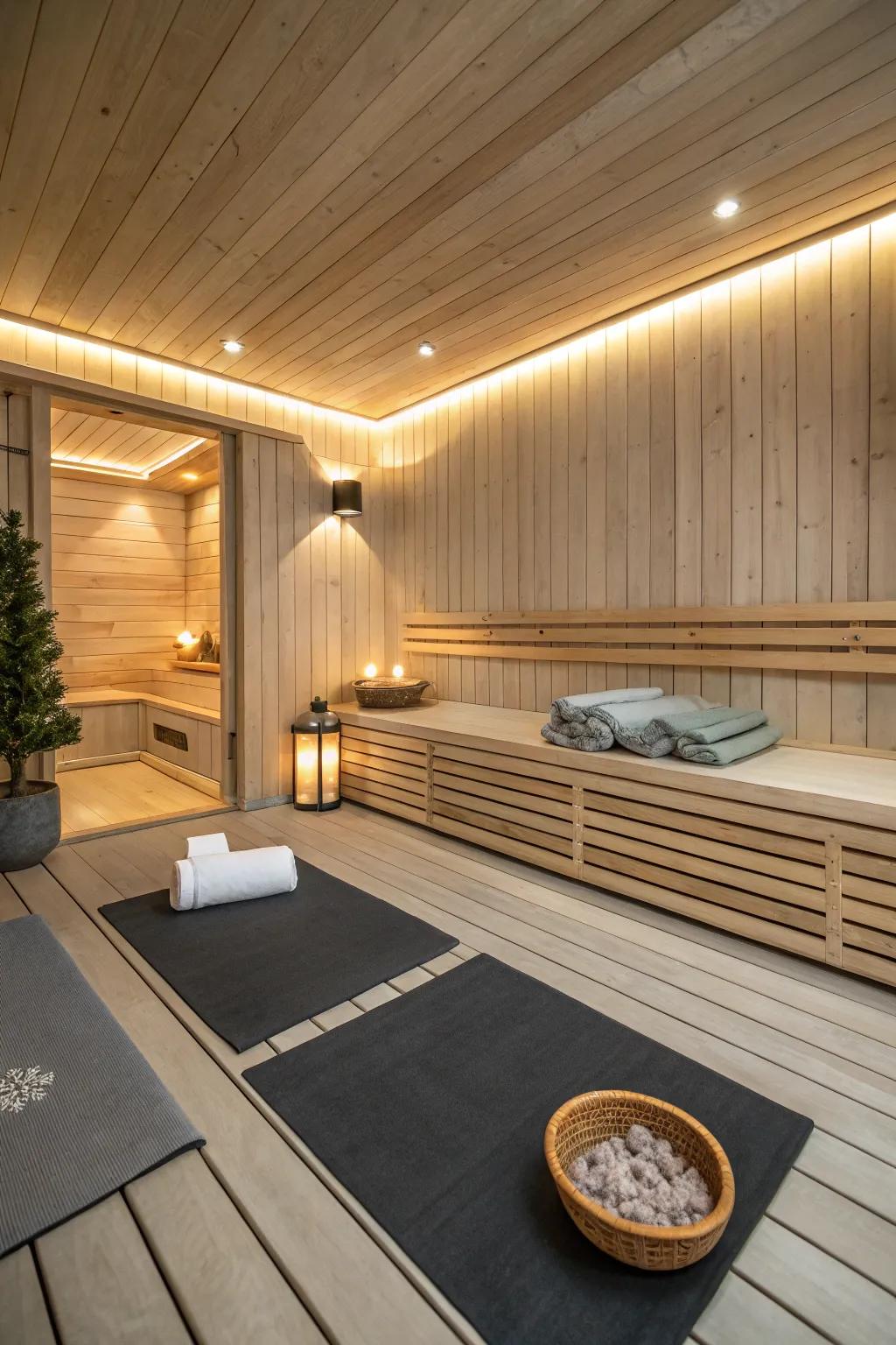 A multifunctional sauna space that caters to both relaxation and mindfulness.