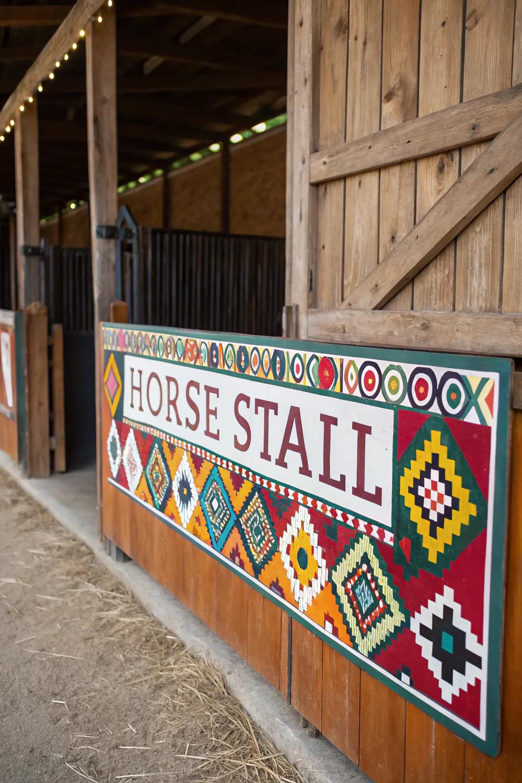 A vibrant and colorful patterned stall sign.