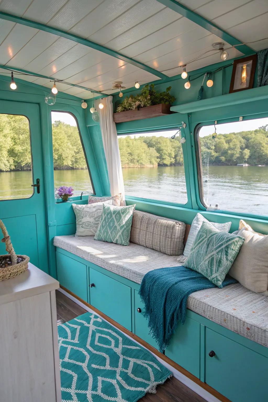 A pop of color adds vibrancy to this houseboat's interior.