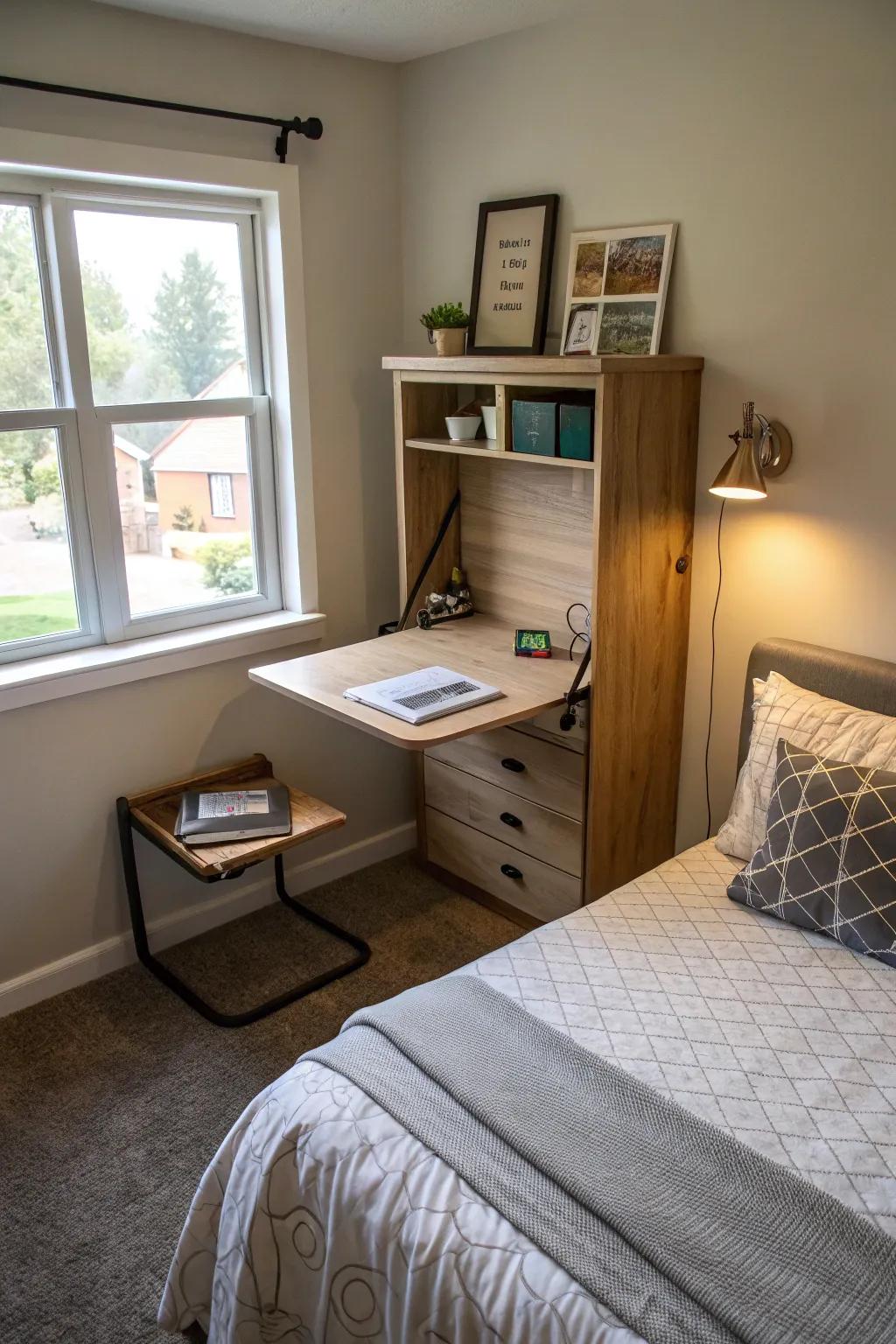 A folding desk providing flexible workspace.