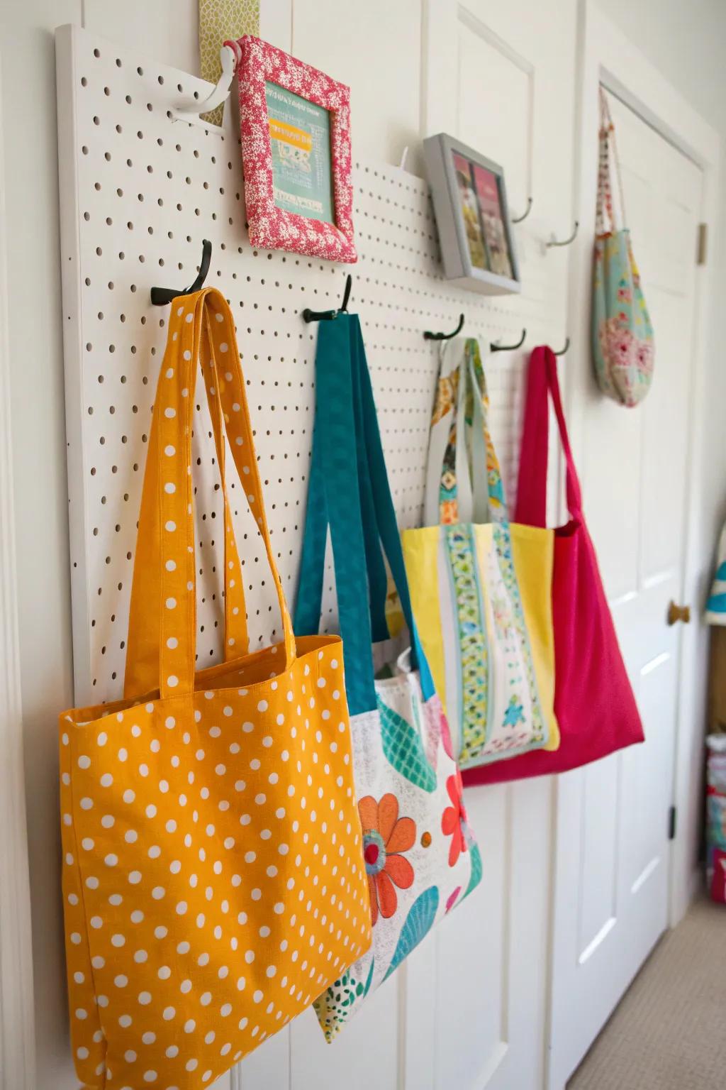 Pegboards allow for customizable and dynamic bag displays.